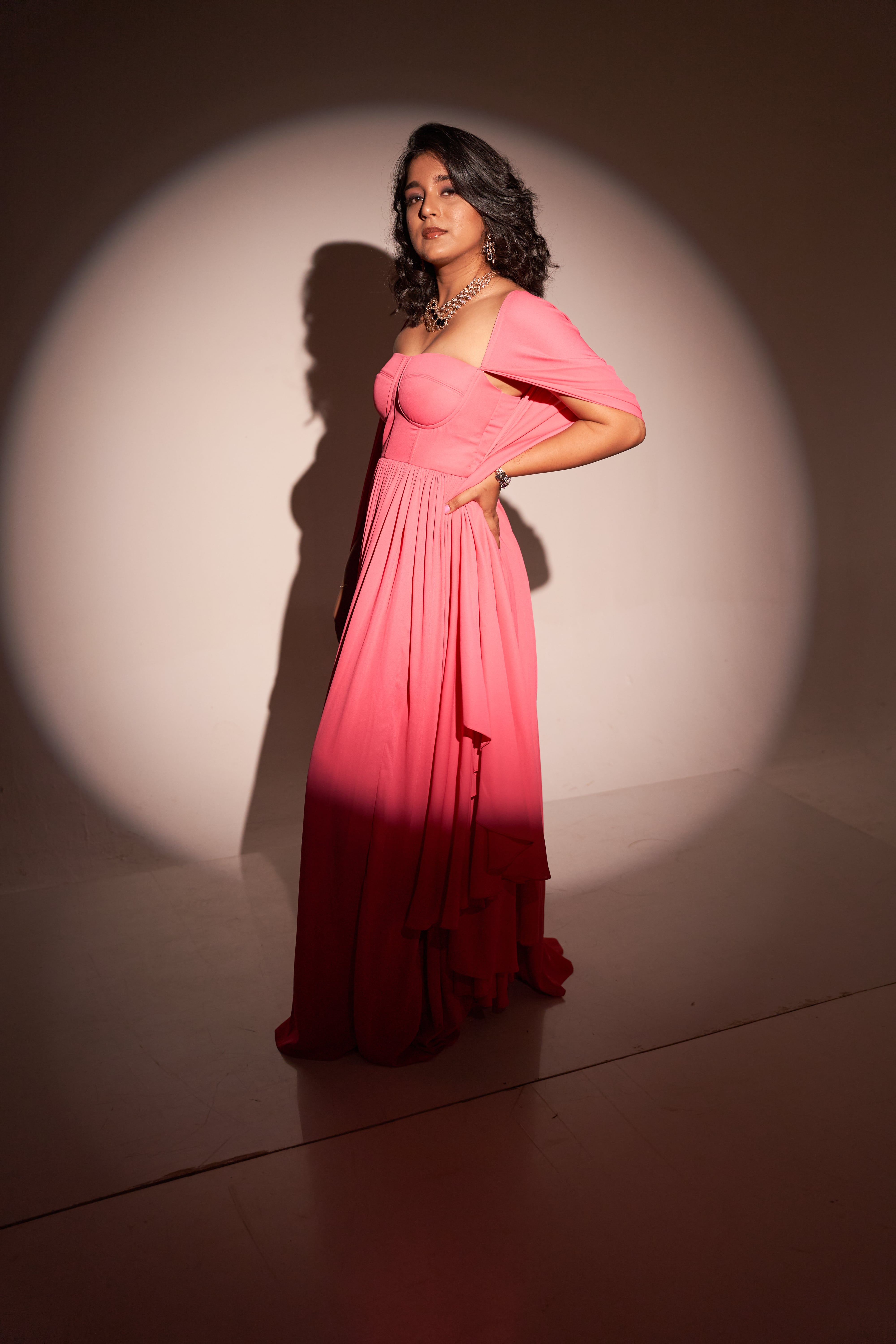 Flamingo Pink Dress With Shoulder Cape2