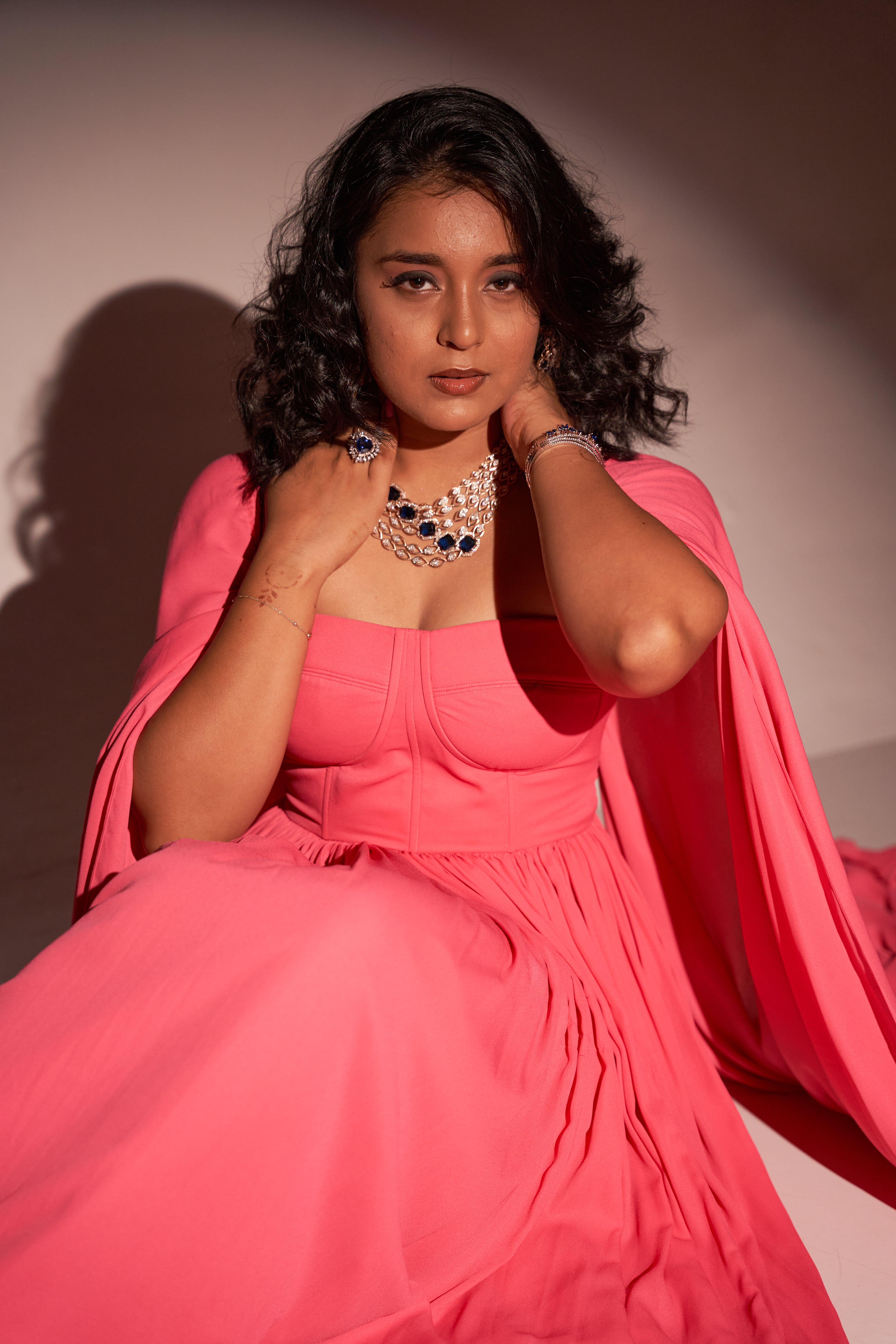 Flamingo Pink Dress With Shoulder Cape3