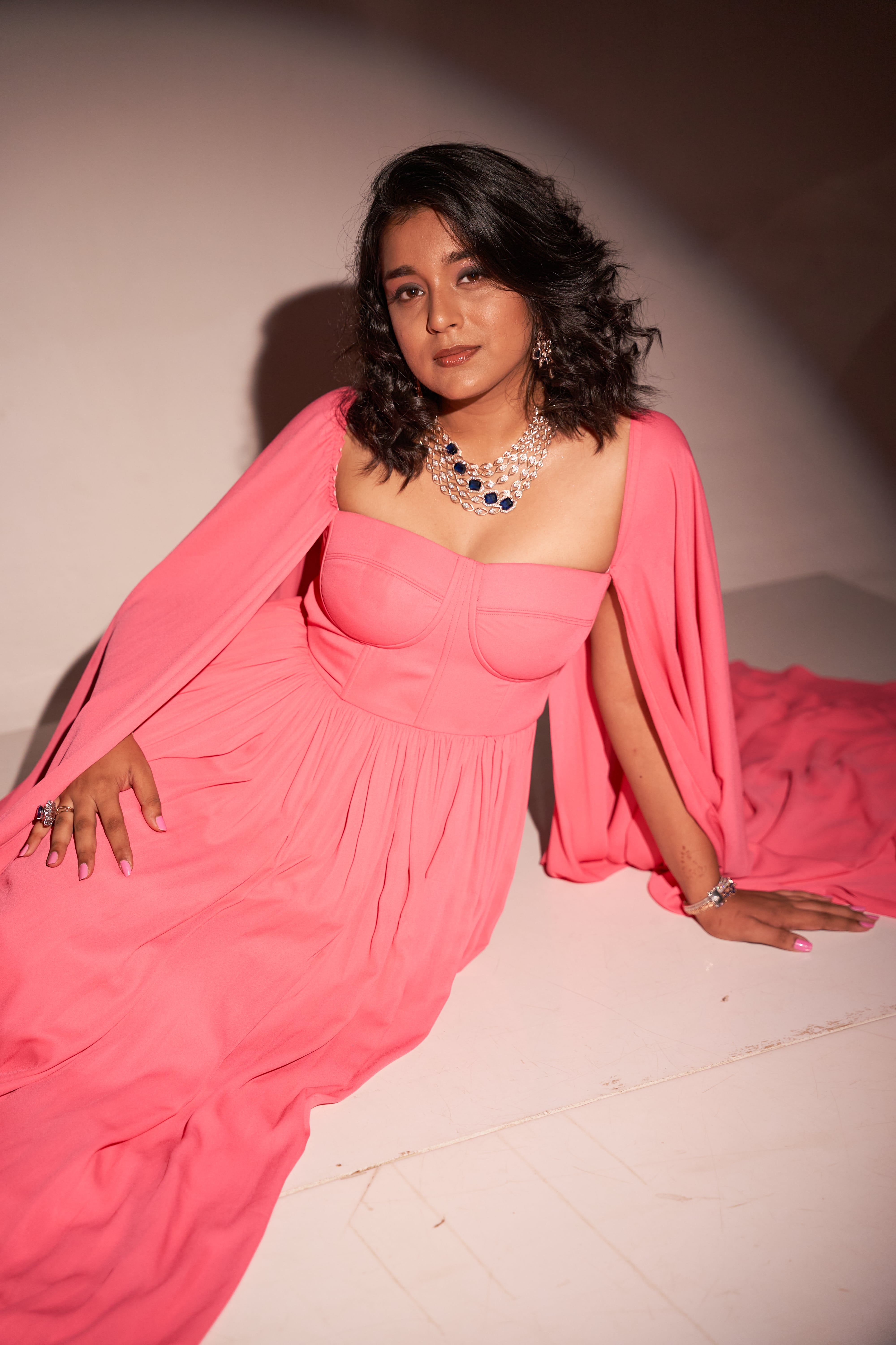 Flamingo Pink Dress With Shoulder Cape4