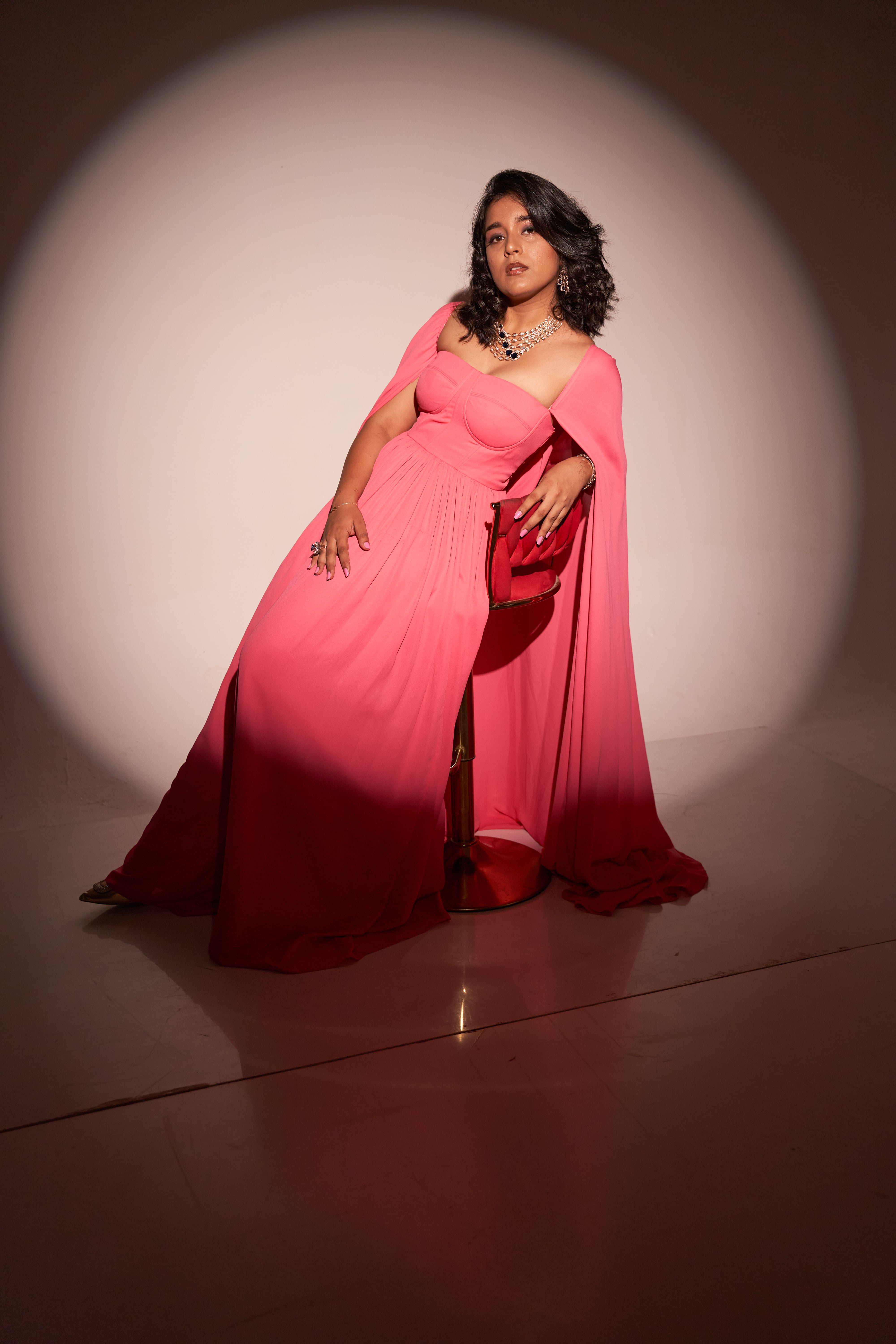 Flamingo Pink Dress With Shoulder Cape5