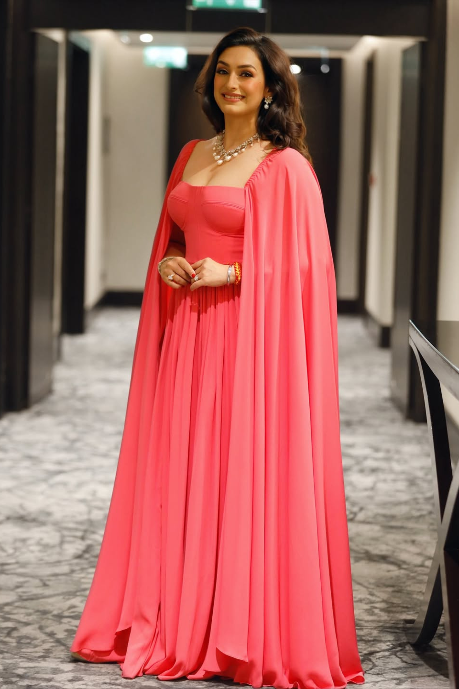 Flamingo Pink Dress With Shoulder Cape6