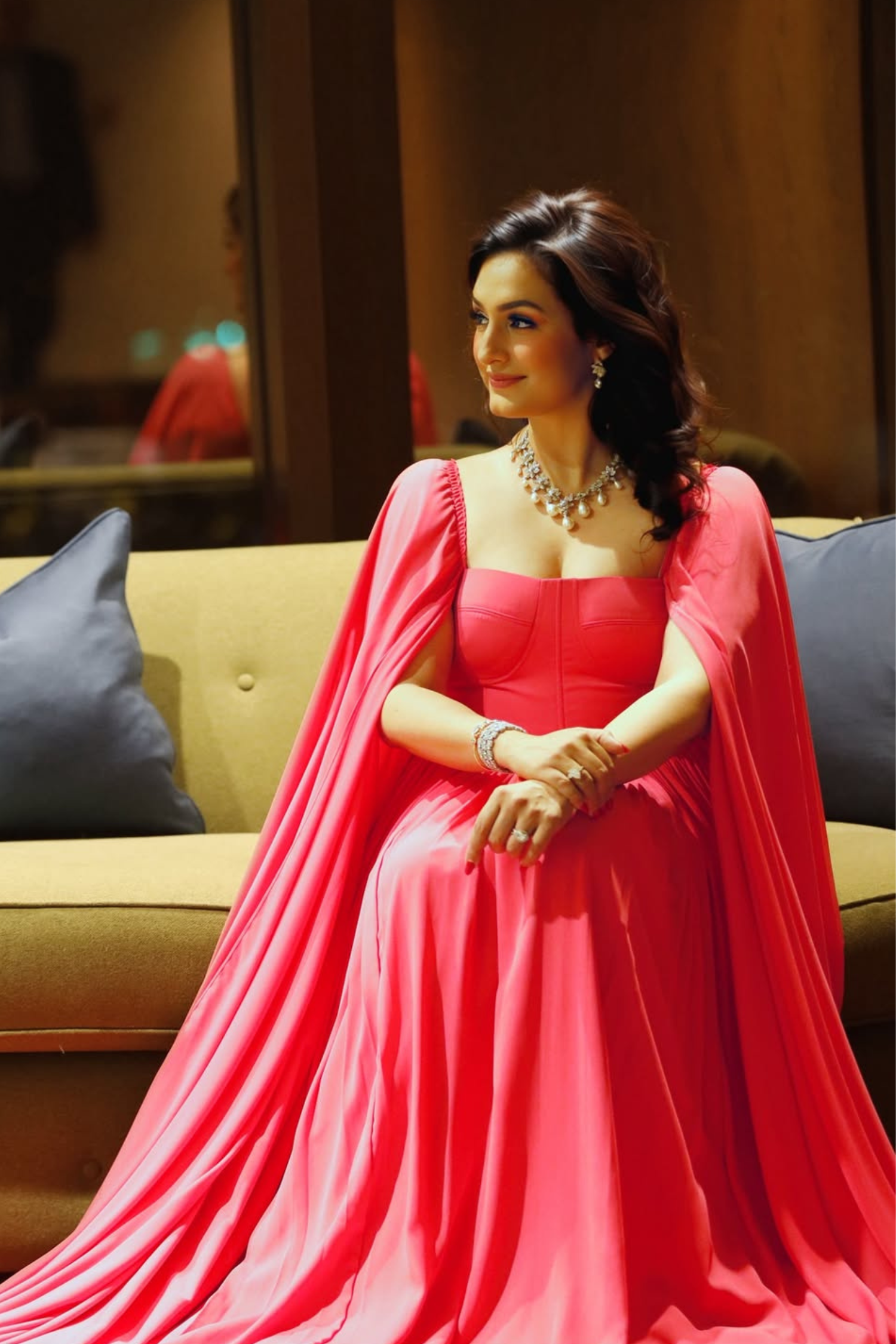 Flamingo Pink Dress With Shoulder Cape7