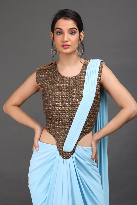 Sky Blue Metal Work Saree GownIMG_9864