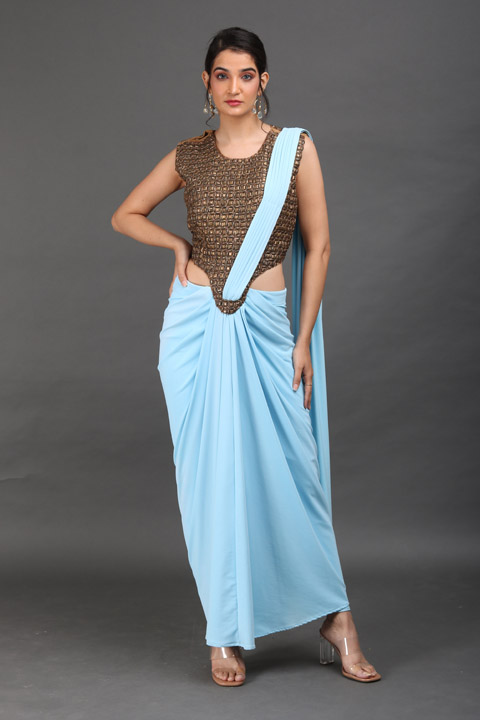 Sky Blue Metal Work Saree GownIMG_9869