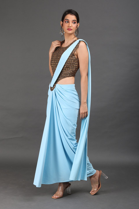 Sky Blue Metal Work Saree GownIMG_9870