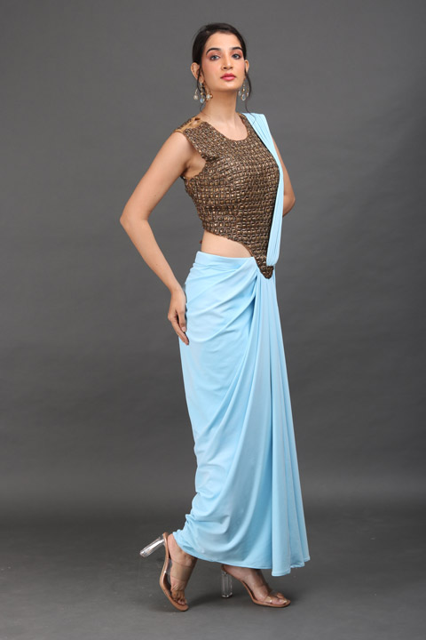 Sky Blue Metal Work Saree GownIMG_9873