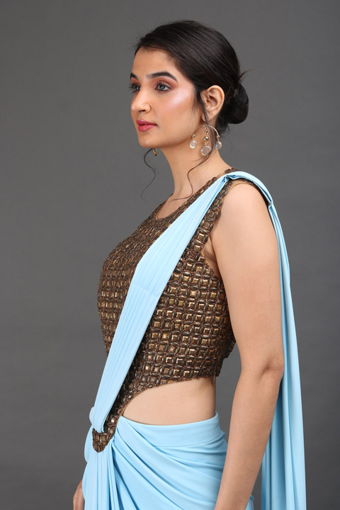 Sky Blue Metal Work Saree GownIMG_9875