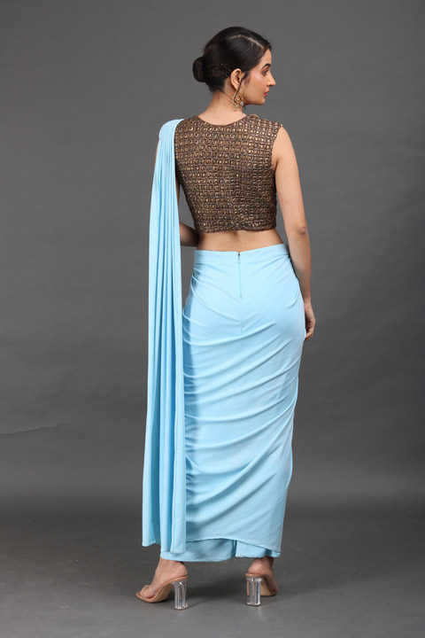 Sky Blue Metal Work Saree GownIMG_9879