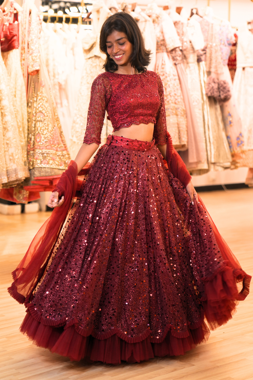 Red Lehenga With Sequins Embellishment