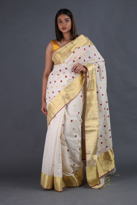 Cream Polka Dots Cotton Saree