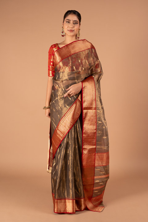 Grey Silk Saree With Red Border