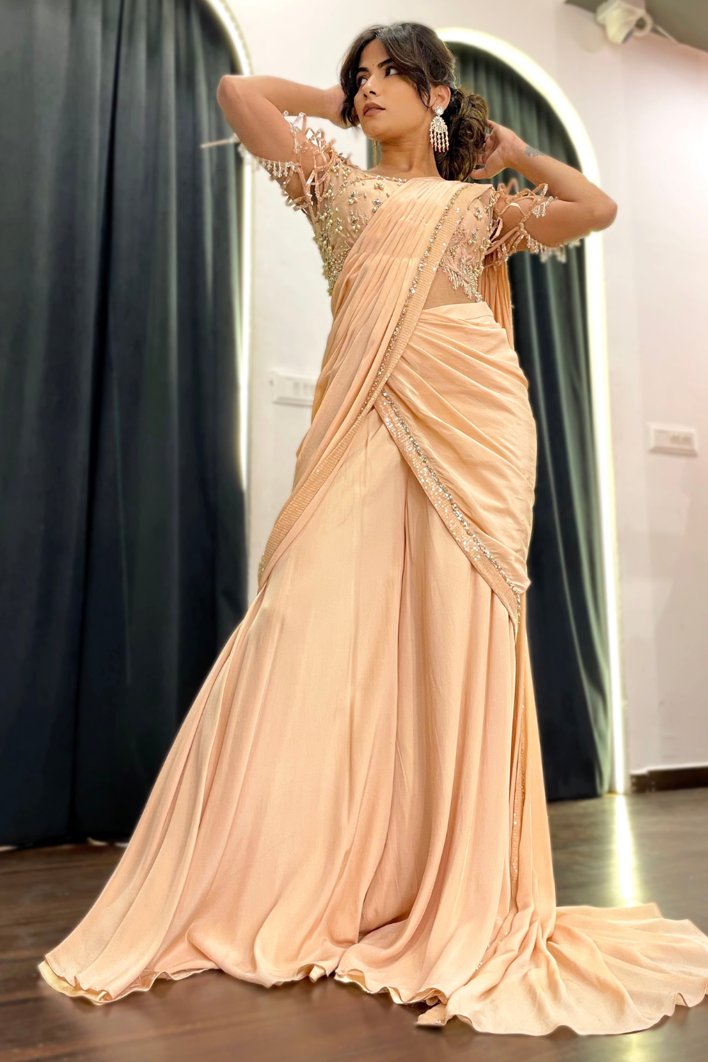 Peach Palazzo Pre- draped Saree1