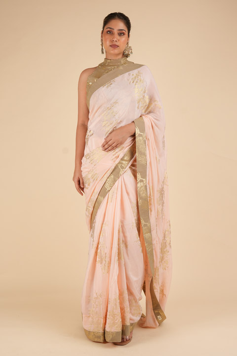 Salmon Crepe Saree Set