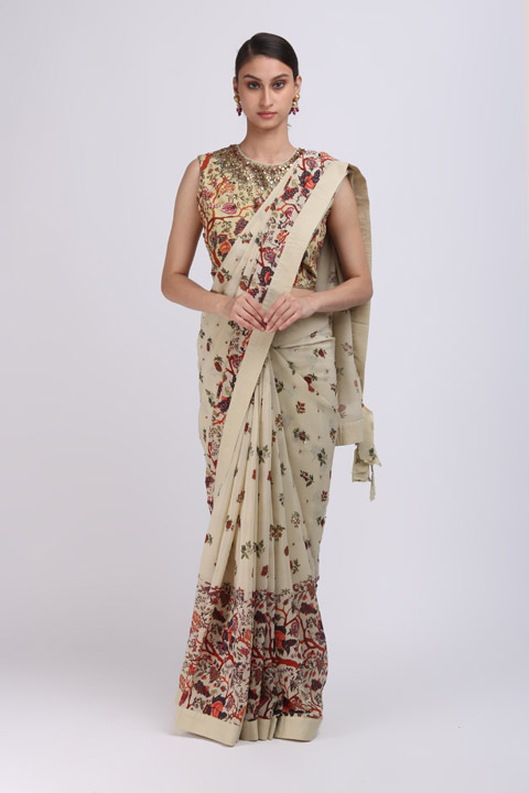 Cream Antique Printed Saree