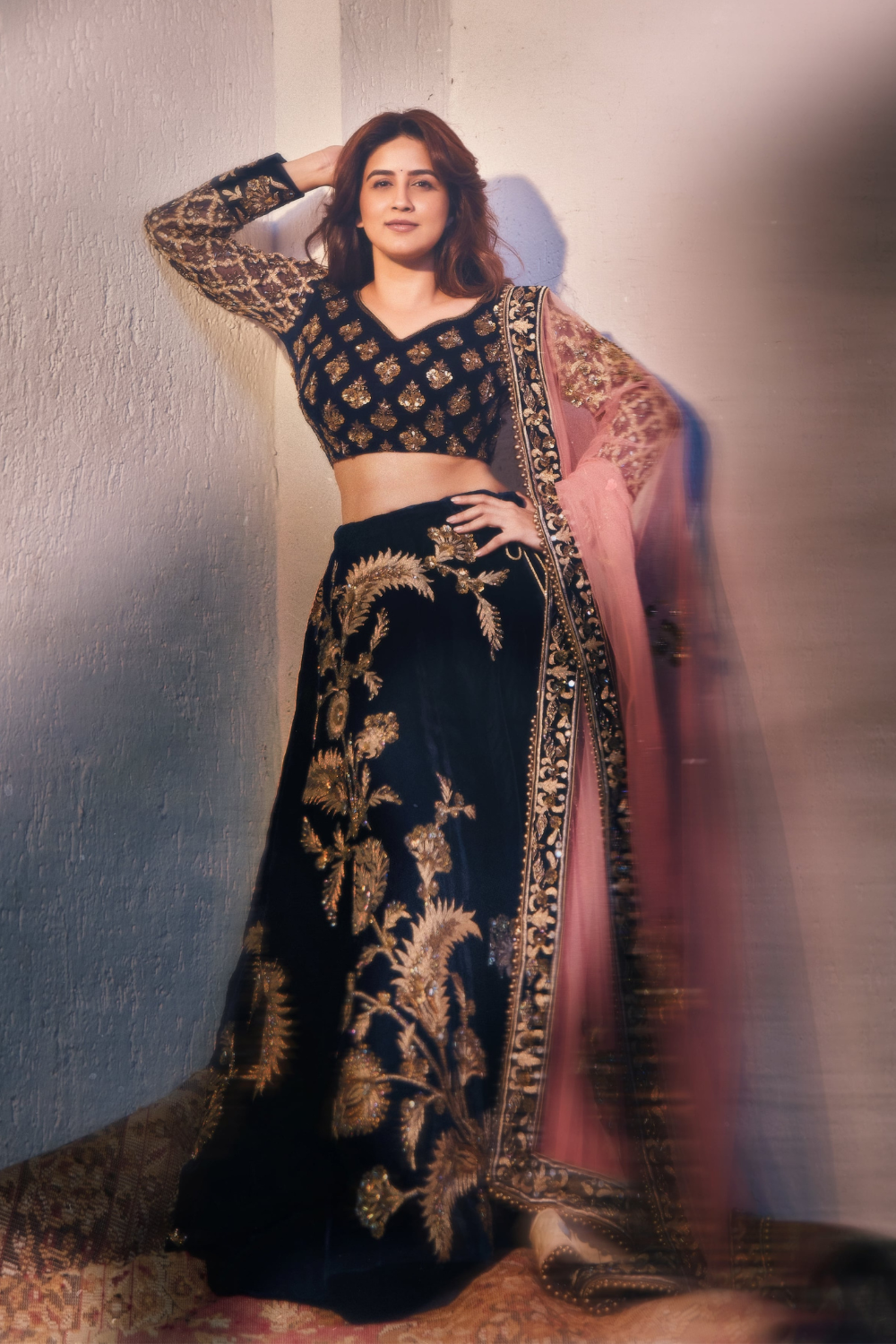 Navy Blue Velvet Lehenga in Golden Zari Sequins Embellishment With Peach Pink Dupatta4