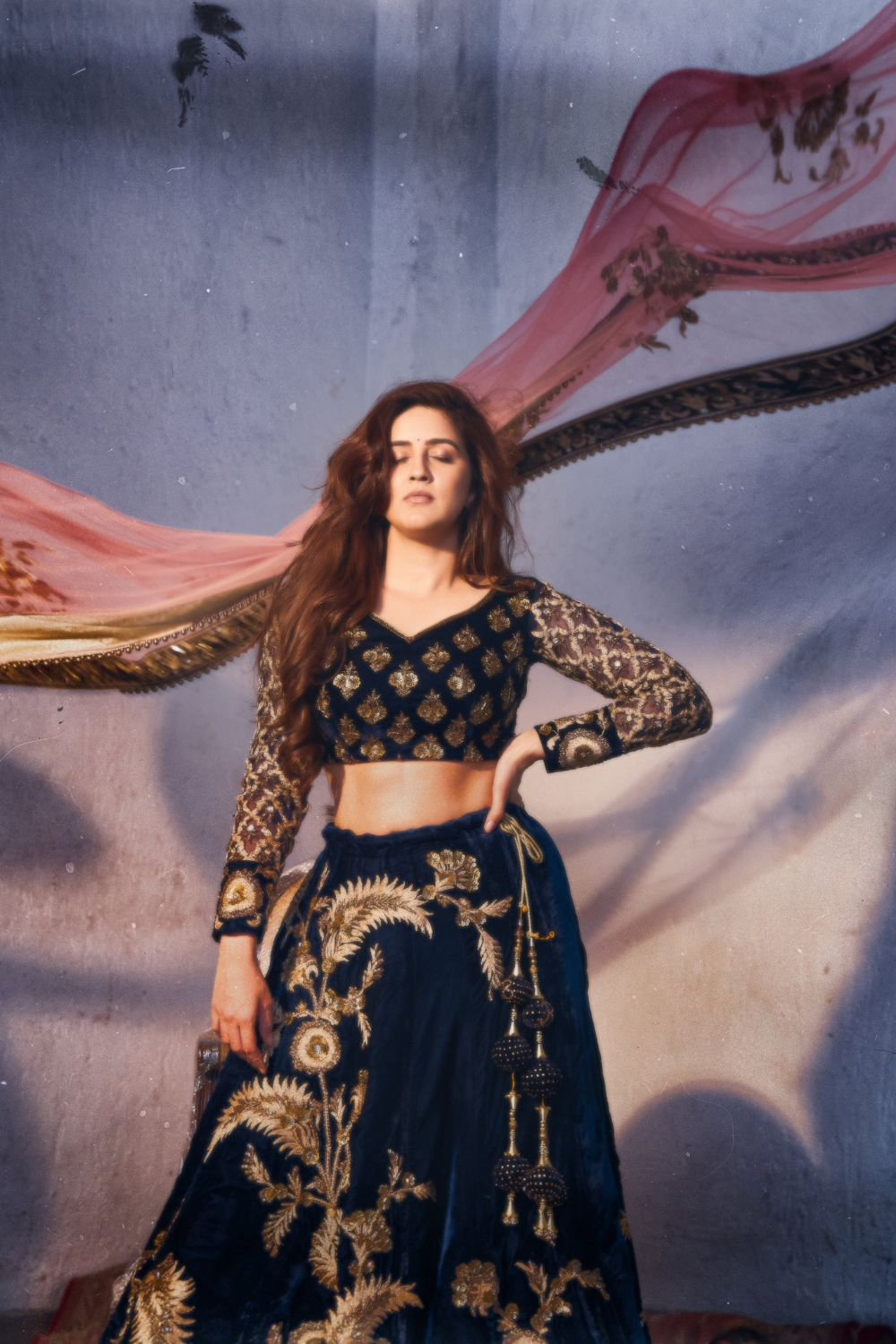 Navy Blue Velvet Lehenga in Golden Zari Sequins Embellishment With Peach Pink Dupatta5