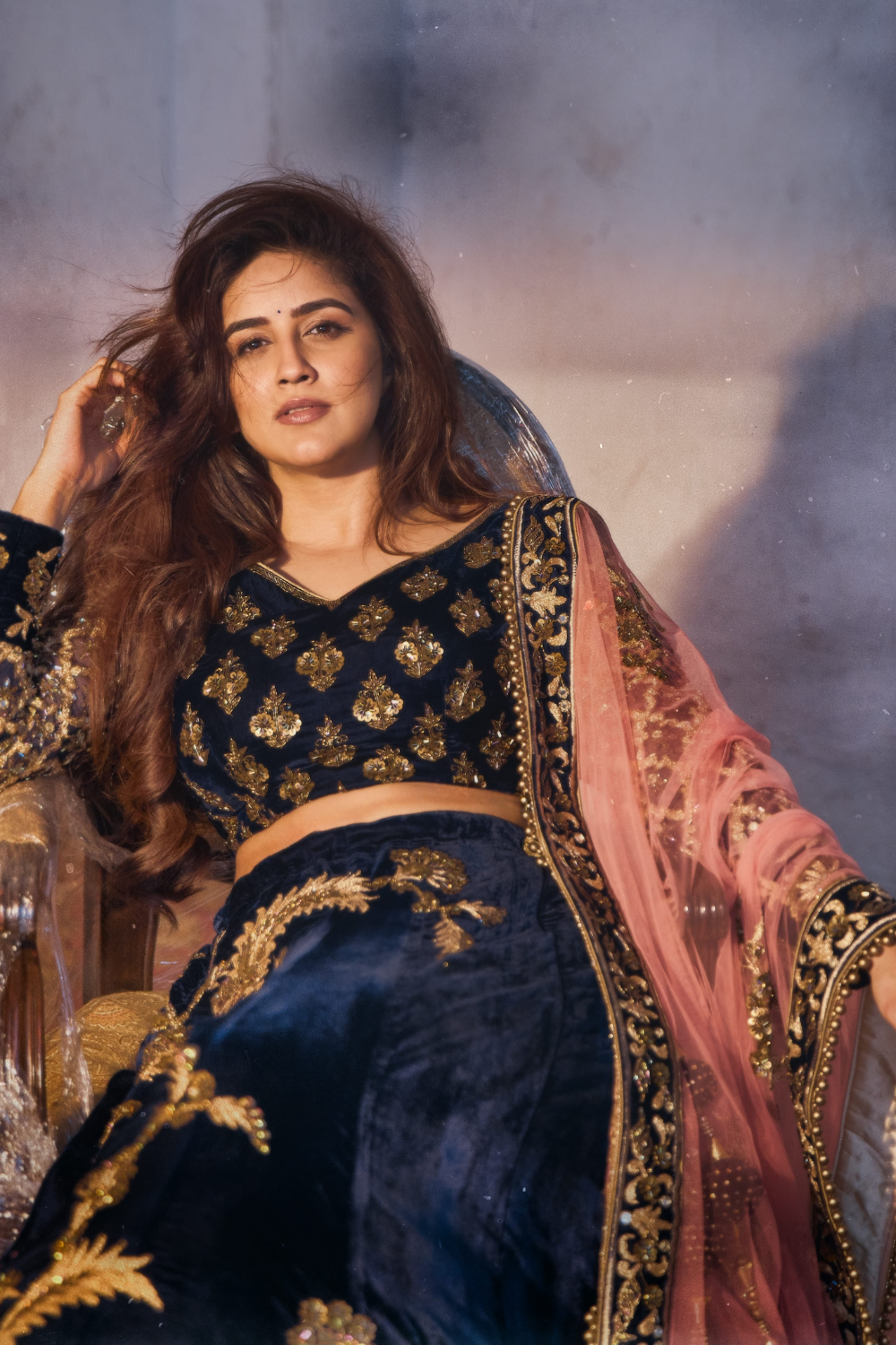 Navy Blue Velvet Lehenga in Golden Zari Sequins Embellishment With Peach Pink Dupatta6