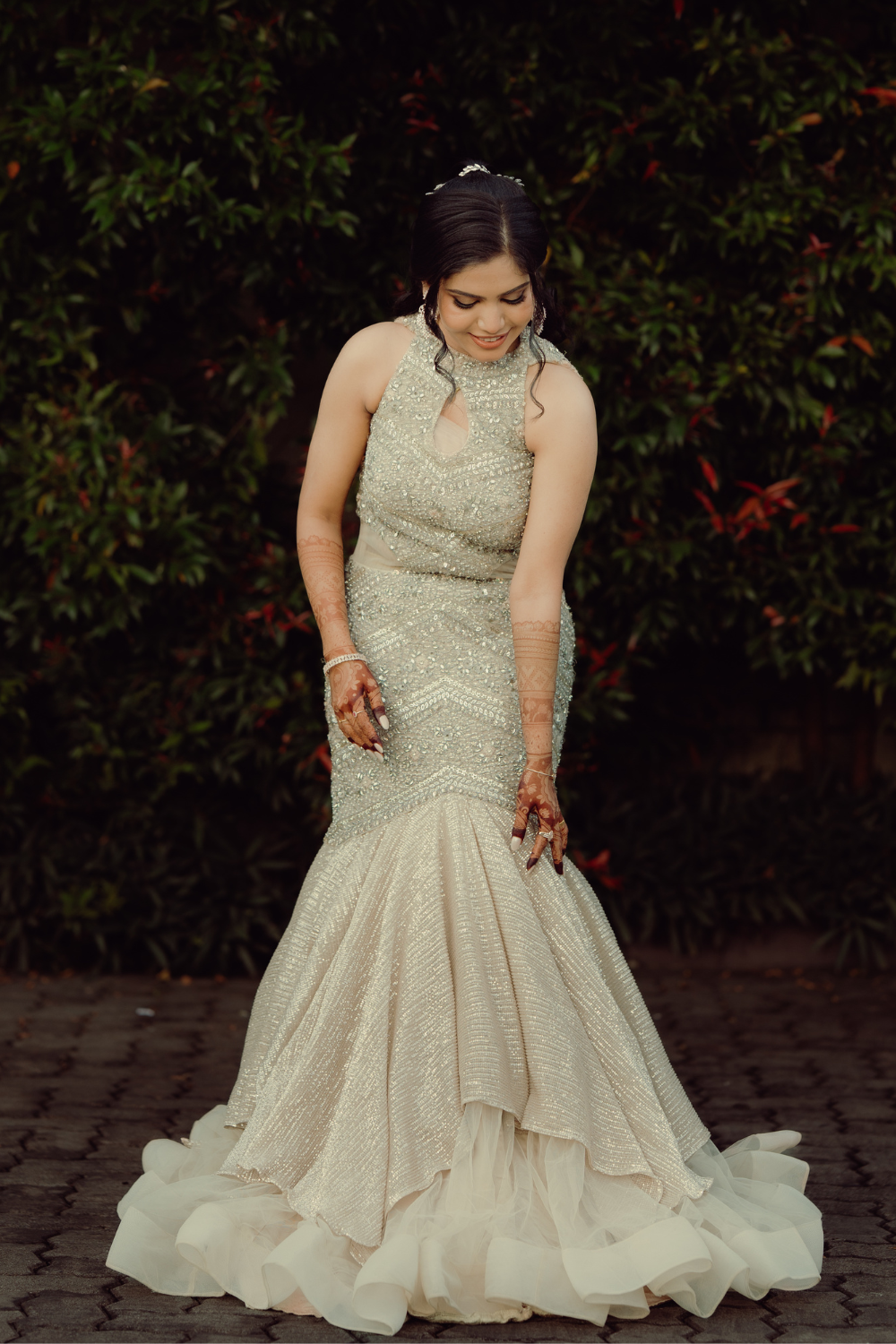 Golden Beige Fish Cut Gown With Silver Sequins And Bead Work Embellishment1