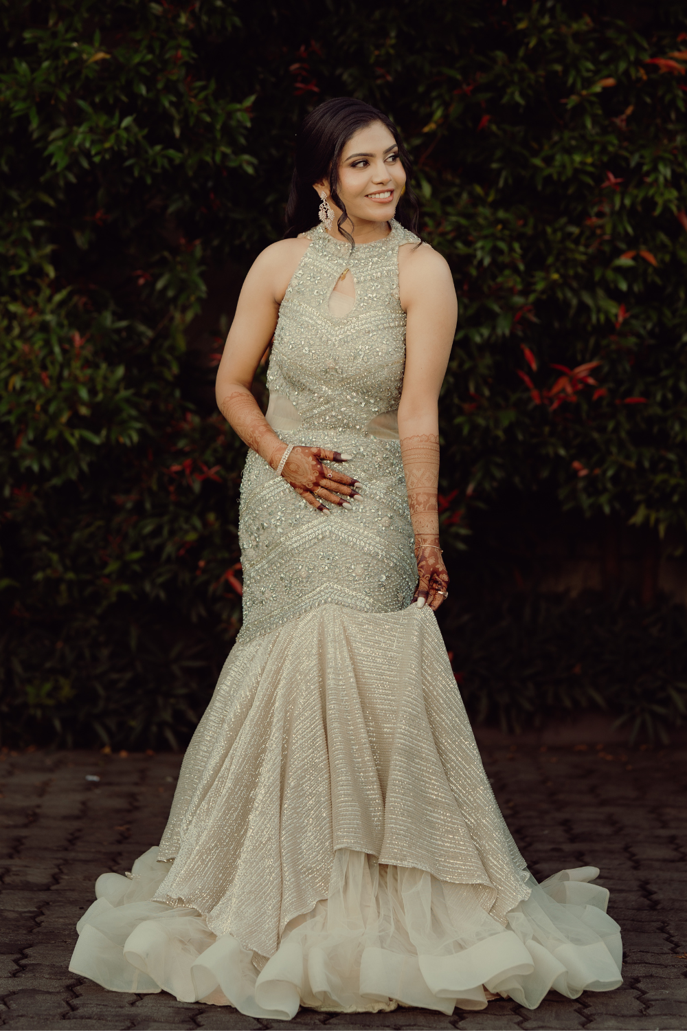 Golden Beige Fish Cut Gown With Silver Sequins And Bead Work Embellishment2