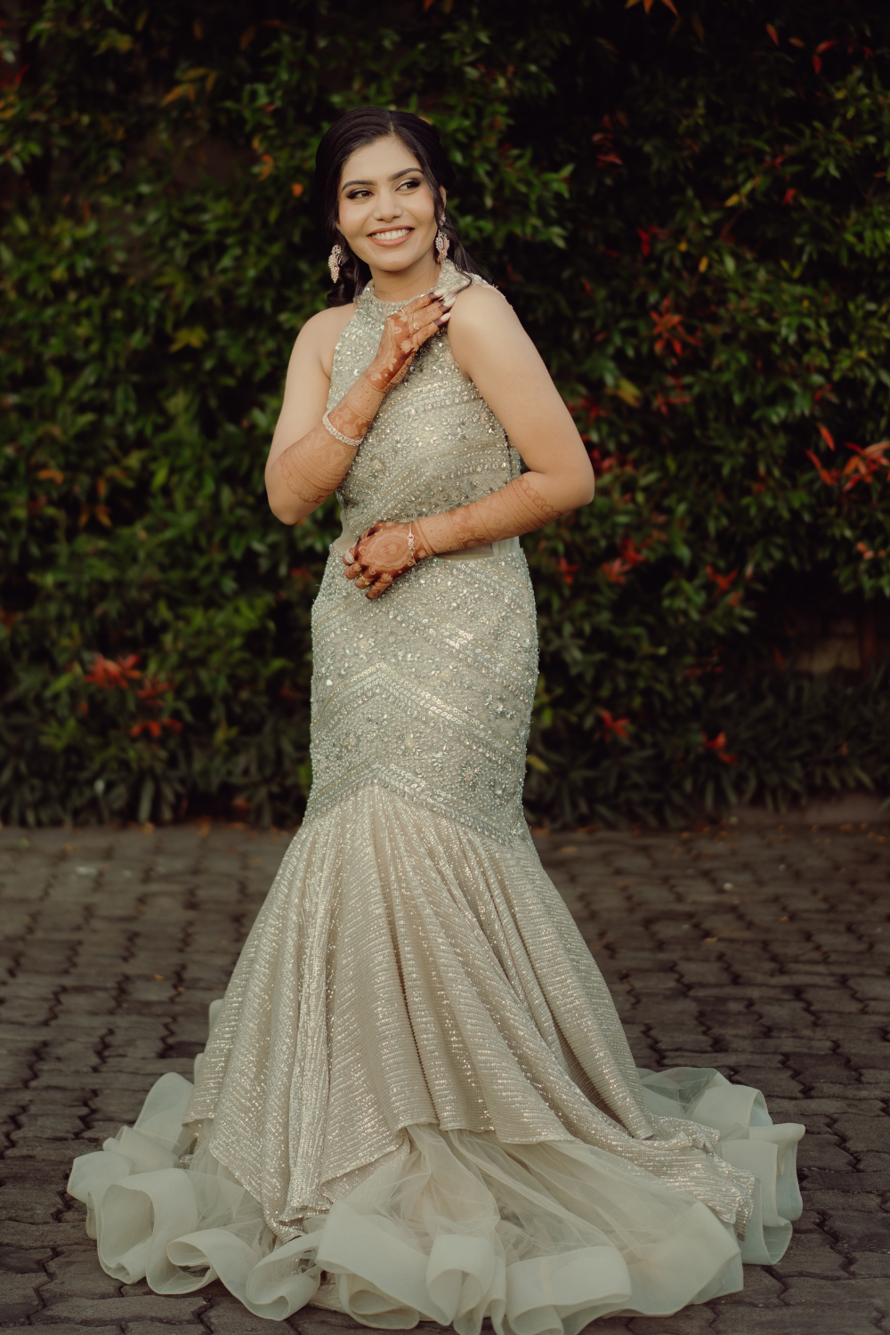 Golden Beige Fish Cut Gown With Silver Sequins And Bead Work Embellishment3