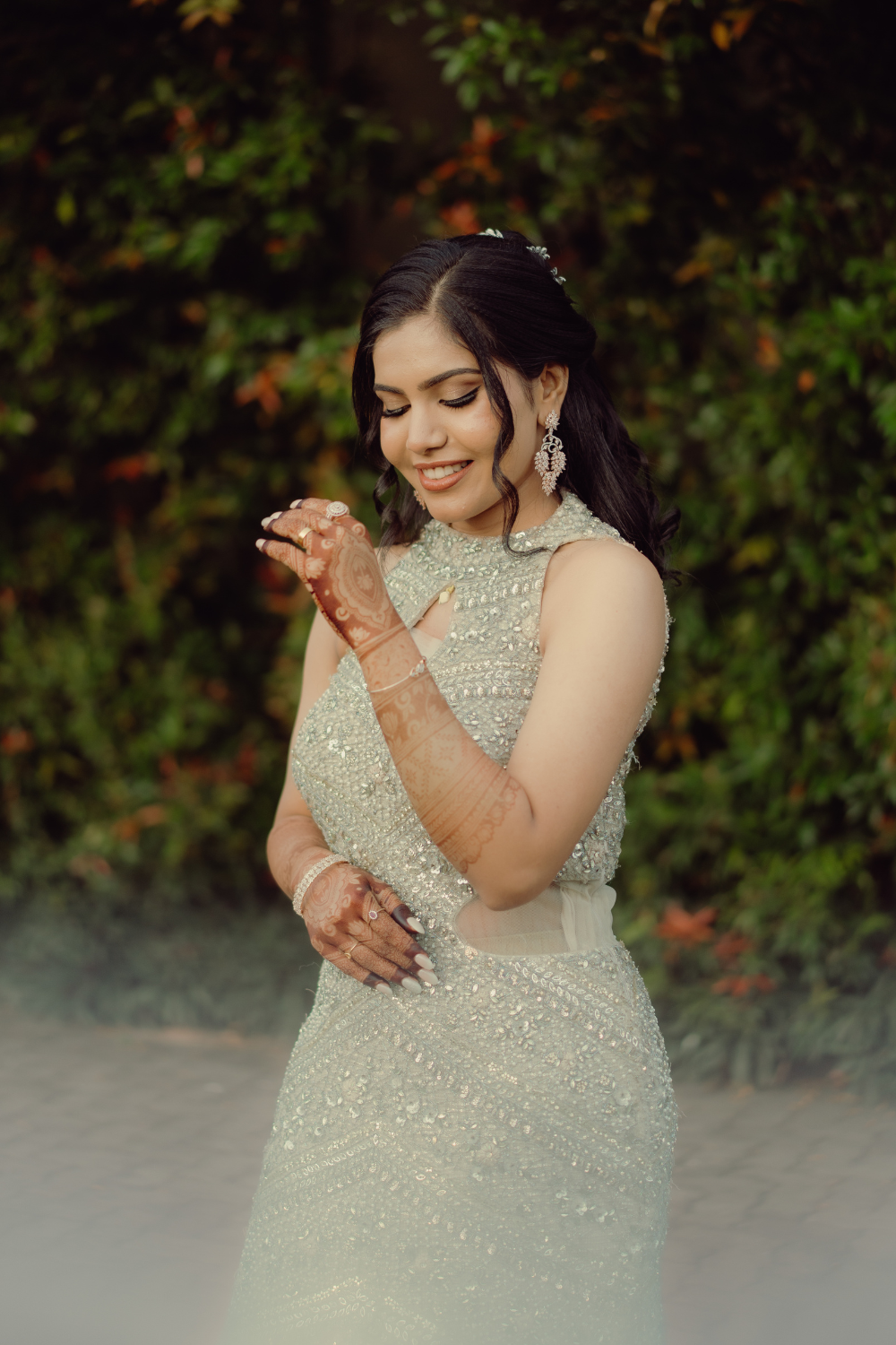 Golden Beige Fish Cut Gown With Silver Sequins And Bead Work Embellishment4