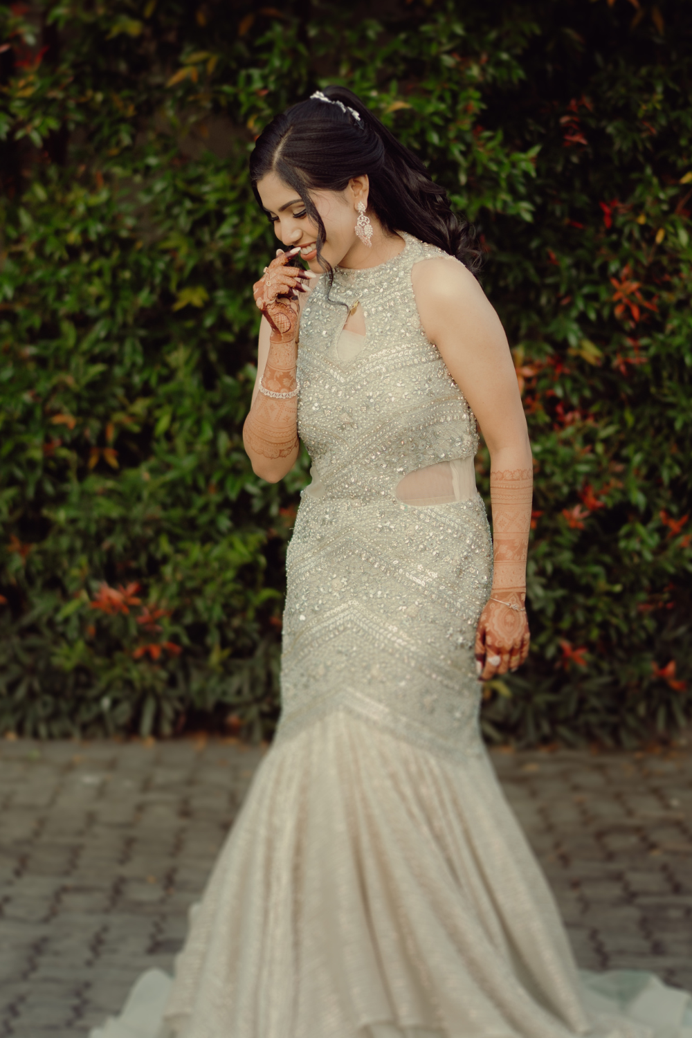 Golden Beige Fish Cut Gown With Silver Sequins And Bead Work Embellishment5