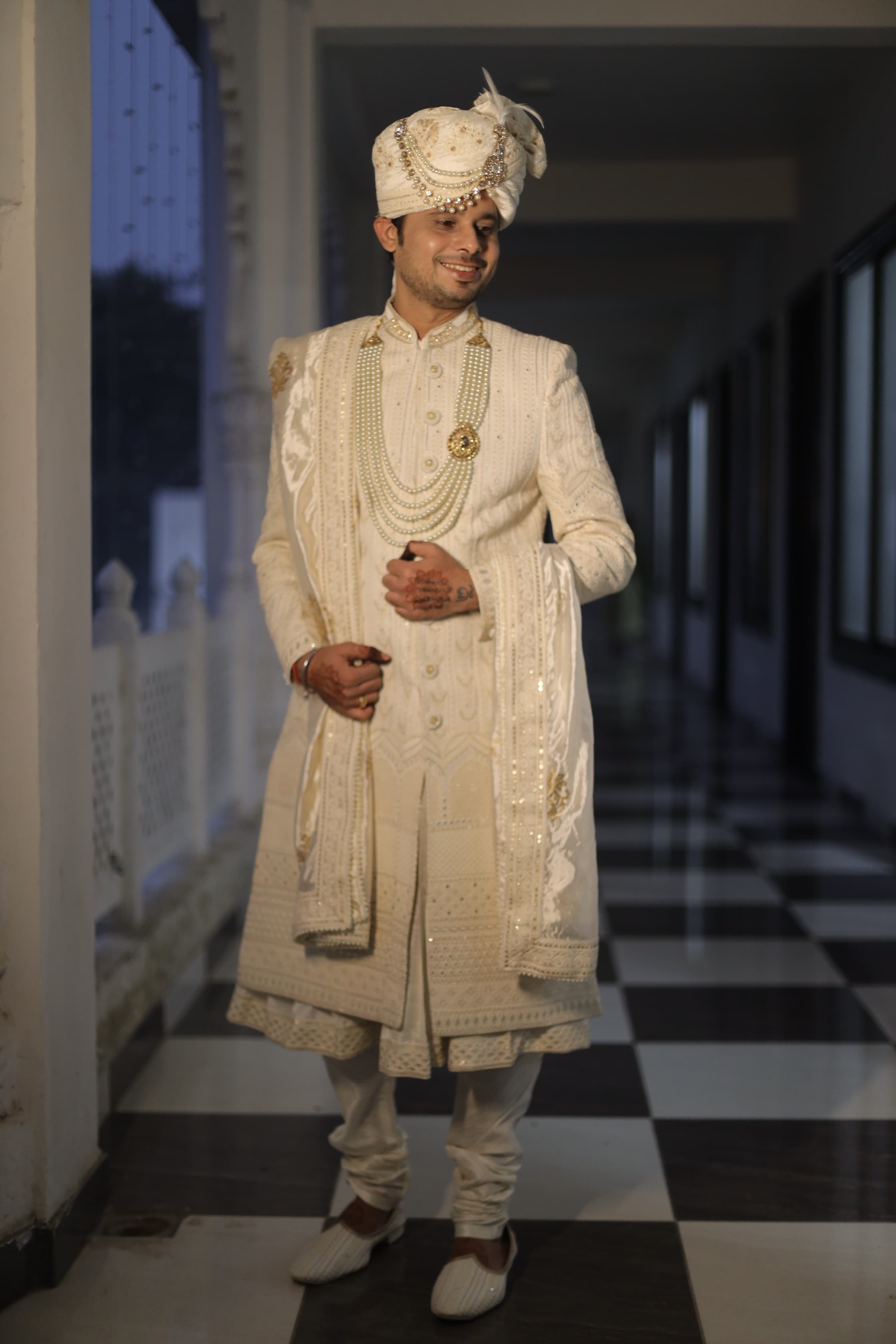 Ivory Sherwani Set WIth Mirror Thread Work Embellishment