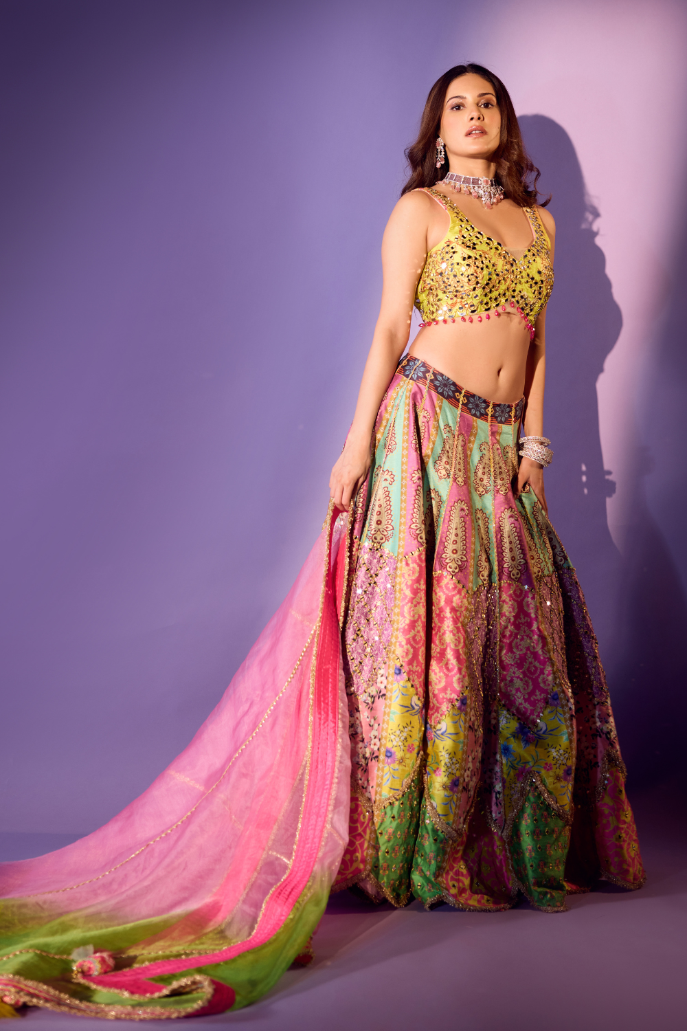 Multi- coloured Lehenga With Mirror Work Beads Gota Patti Embellishment