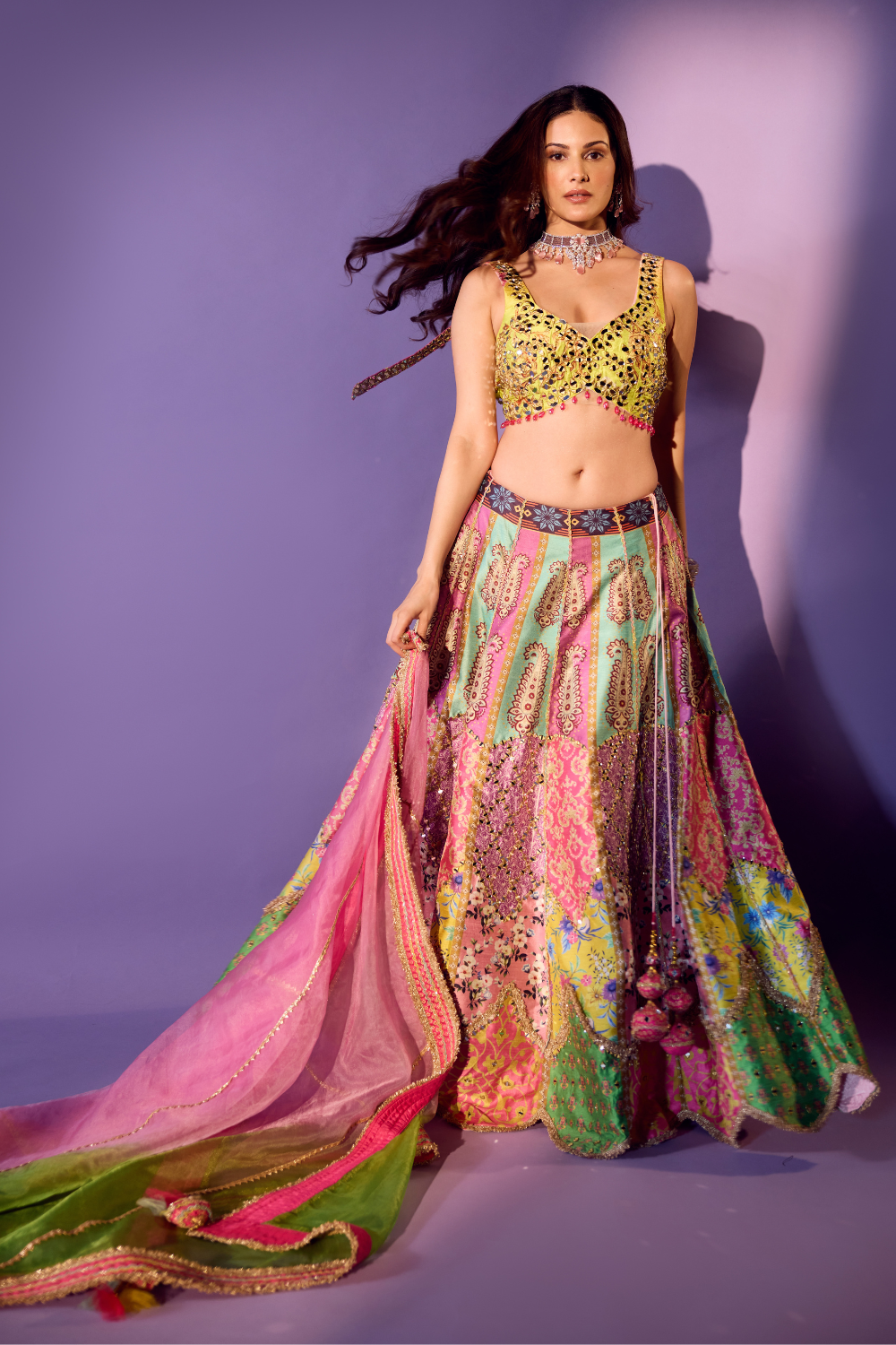 Multi- coloured Lehenga With Mirror Work Beads Gota Patti Embellishment4
