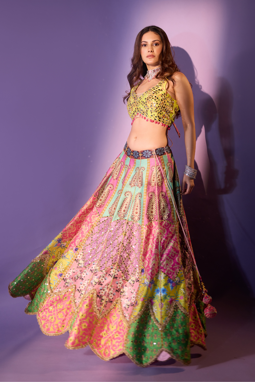 Multi- coloured Lehenga With Mirror Work Beads Gota Patti Embellishment5
