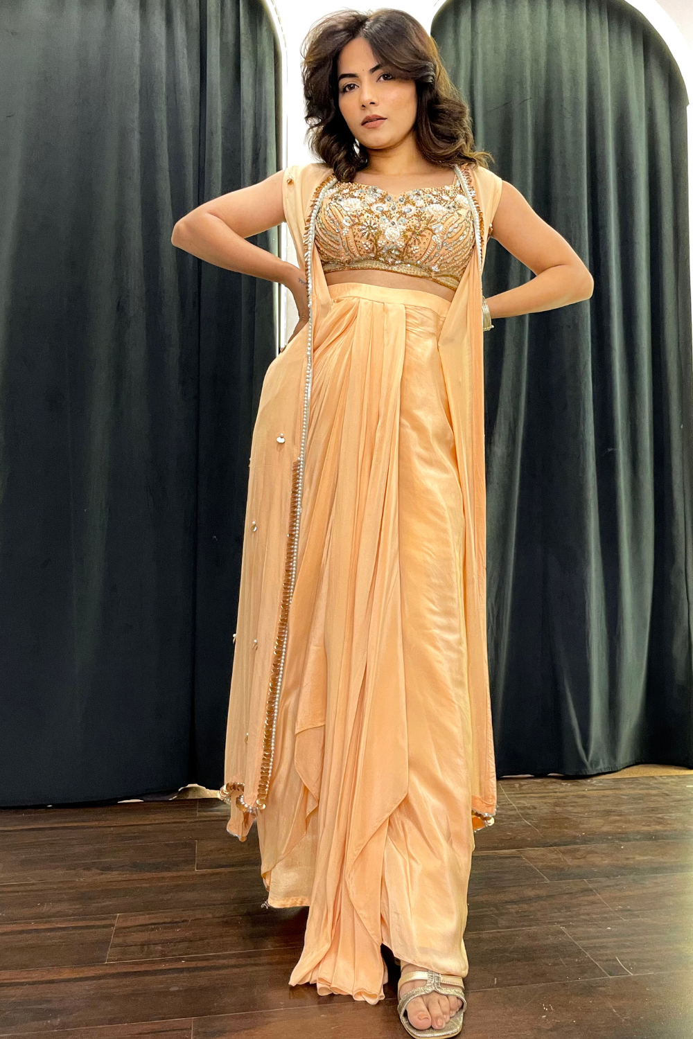 Soft Peach Gold Co-Ords Set With Blouse Pant And Shrug1