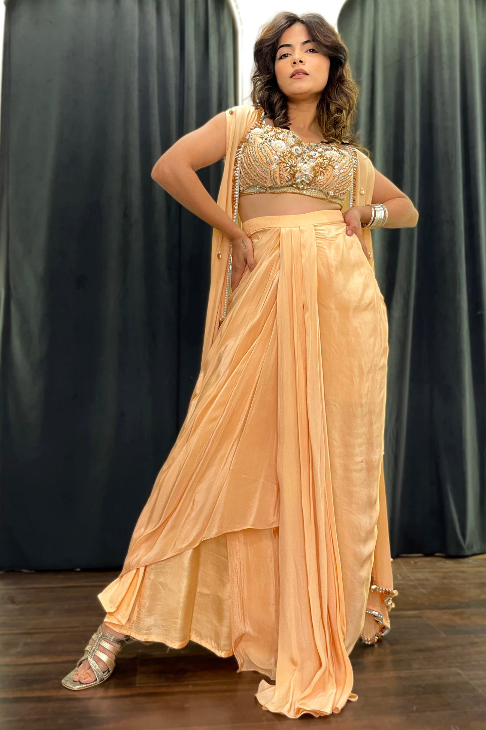 Soft Peach Gold Co-Ords Set With Blouse Pant And Shrug