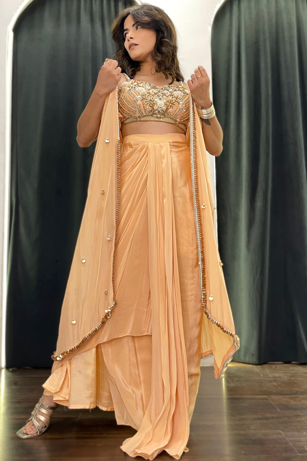 Soft Peach Gold Co-Ords Set With Blouse Pant And Shrug3