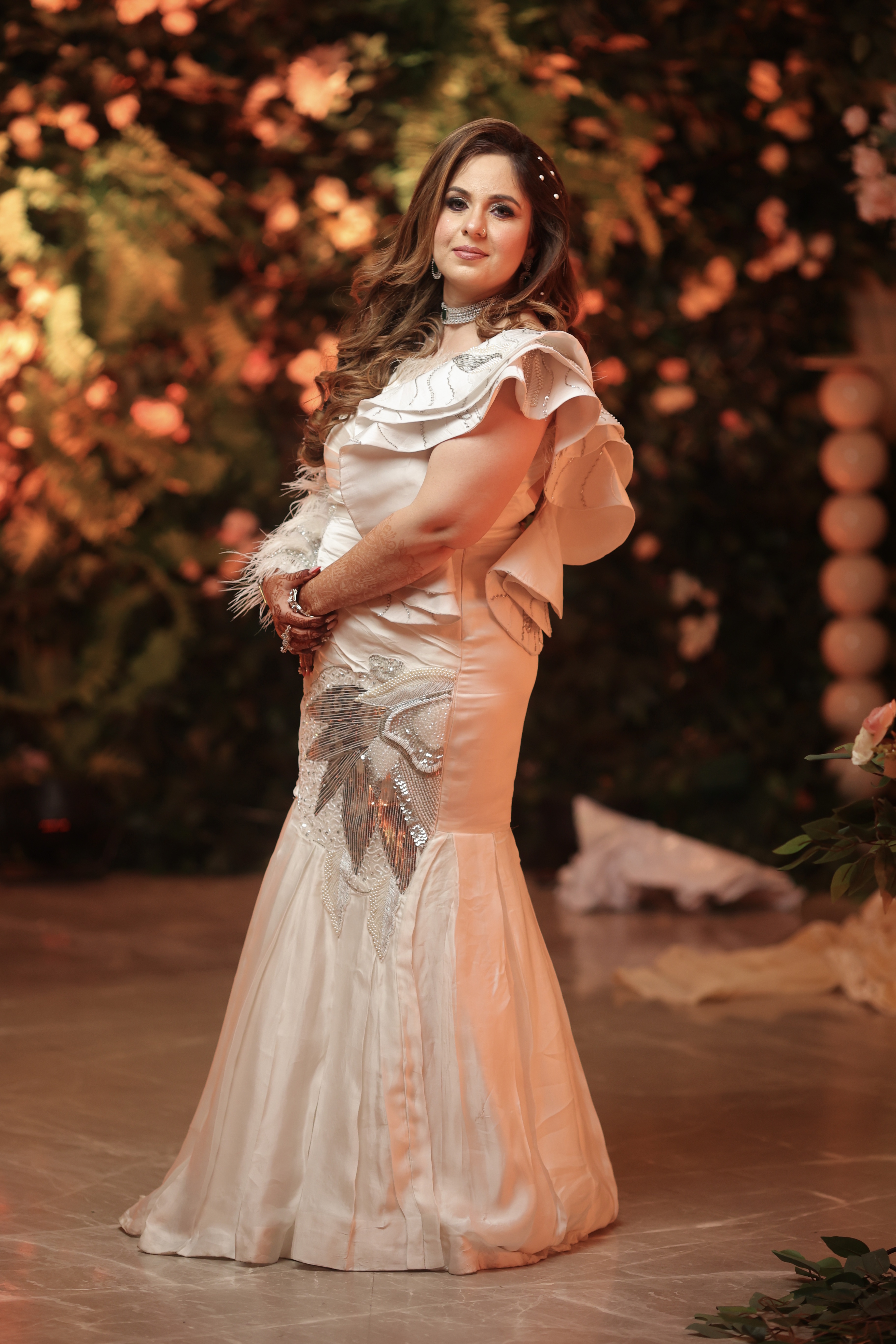 White Fish-Cut Sequin Embellished Gown