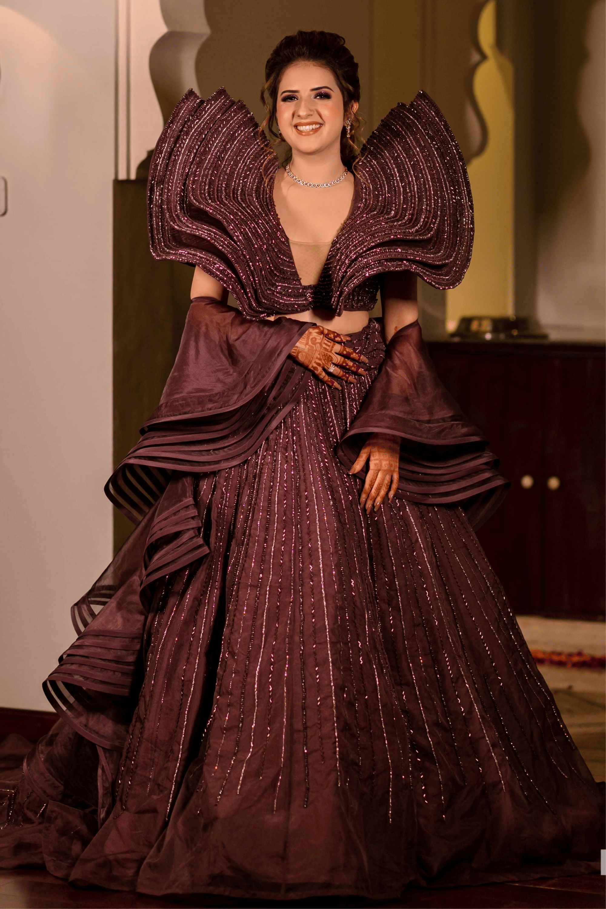 Deep Mauve Lehenga With Sculptural Winged Sleeves