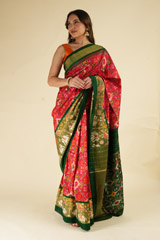 Pink  Green Ikkat Silk Saree