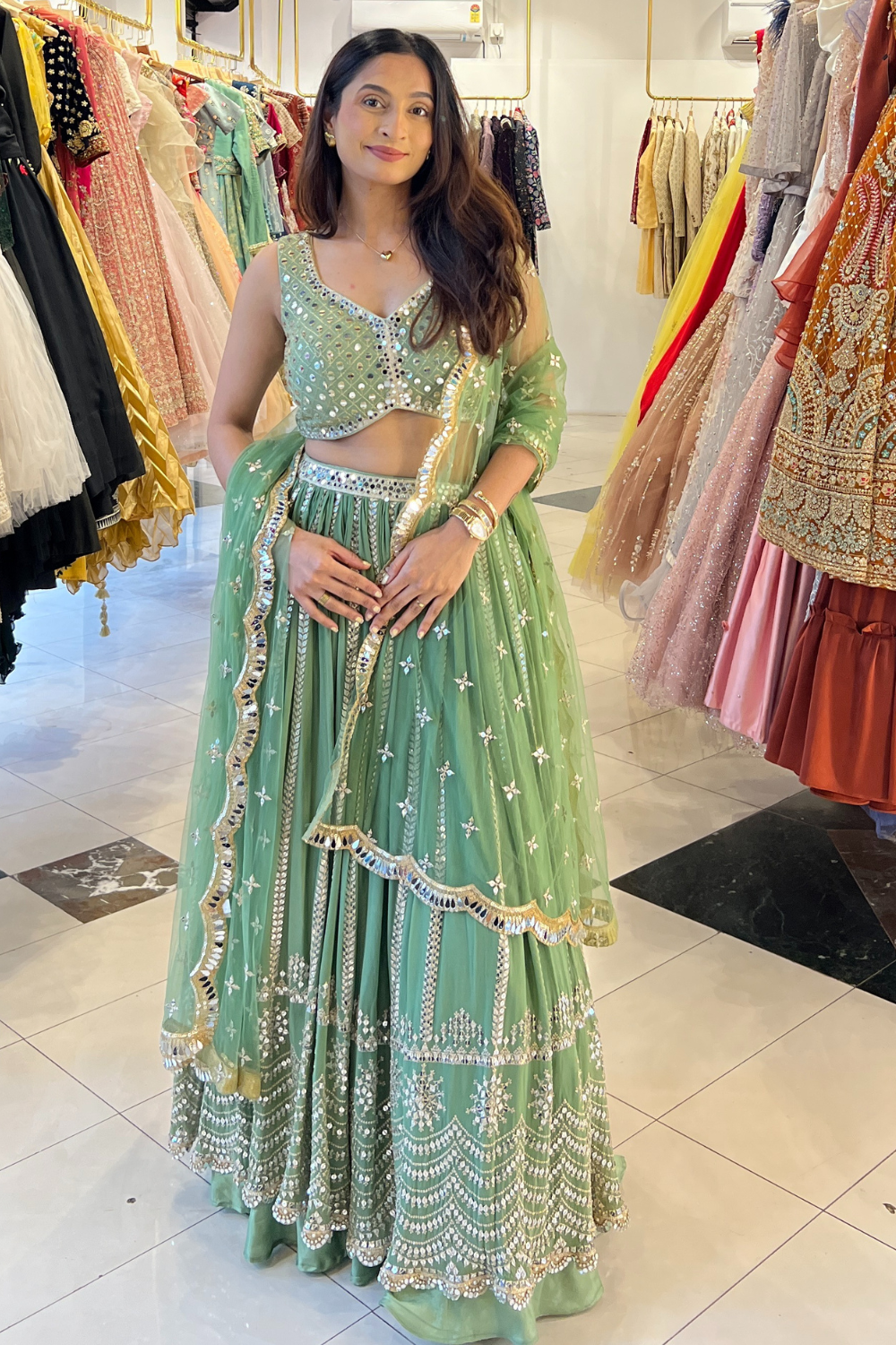 Mint Green Mirror and Sequinned Lehenga5