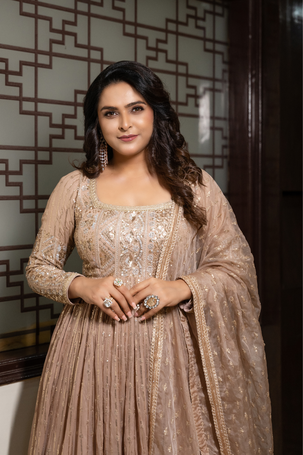 Light Rose Pink And Beige Anarkali With Sequinned Work