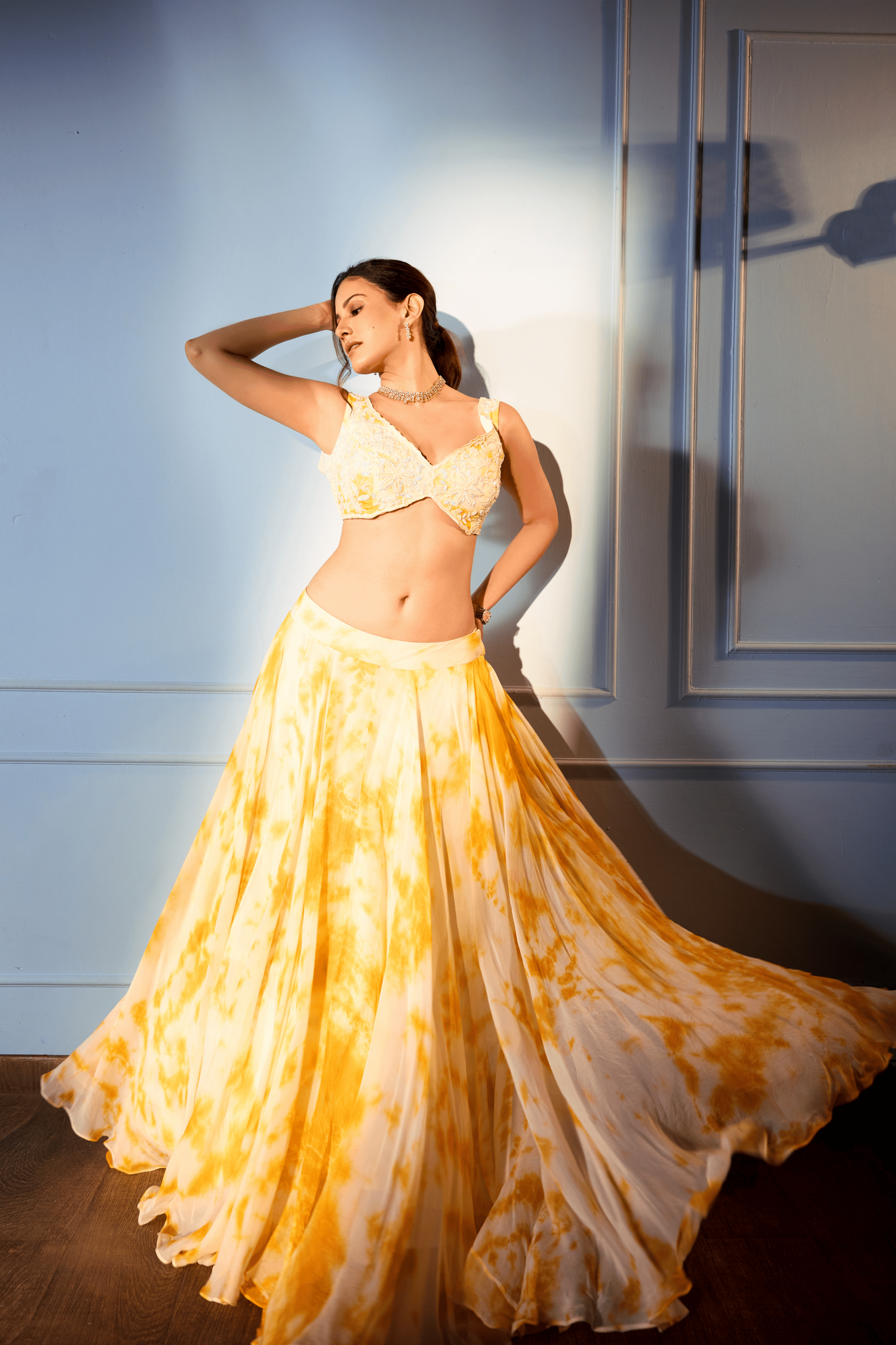 Orange And Ivory Lehenga With Marble Dye Effect2