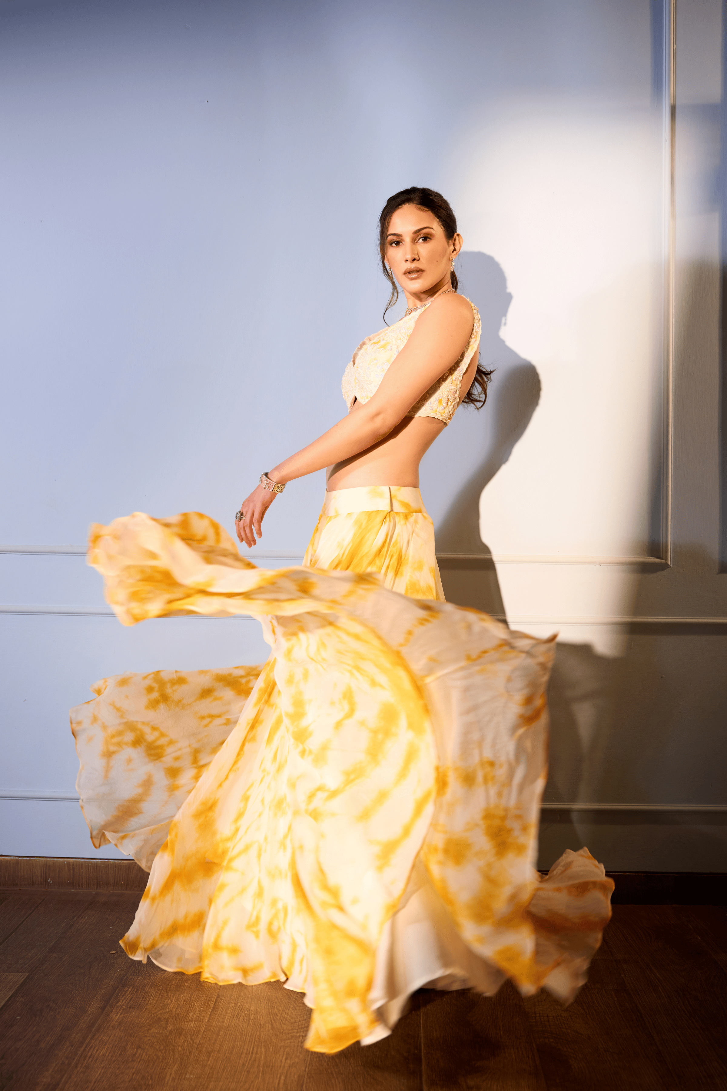 Orange And Ivory Lehenga With Marble Dye Effect3