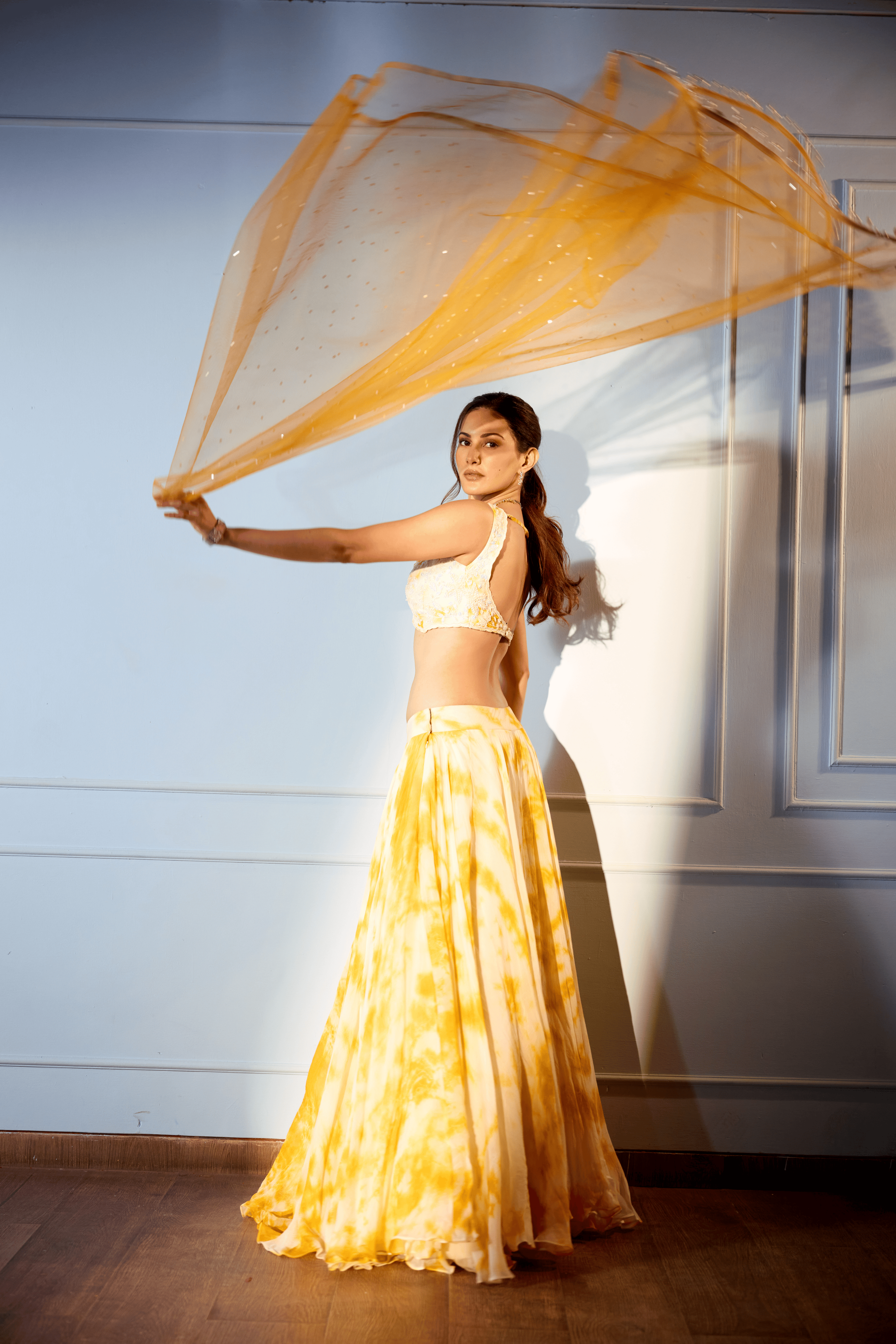Orange And Ivory Lehenga With Marble Dye Effect4