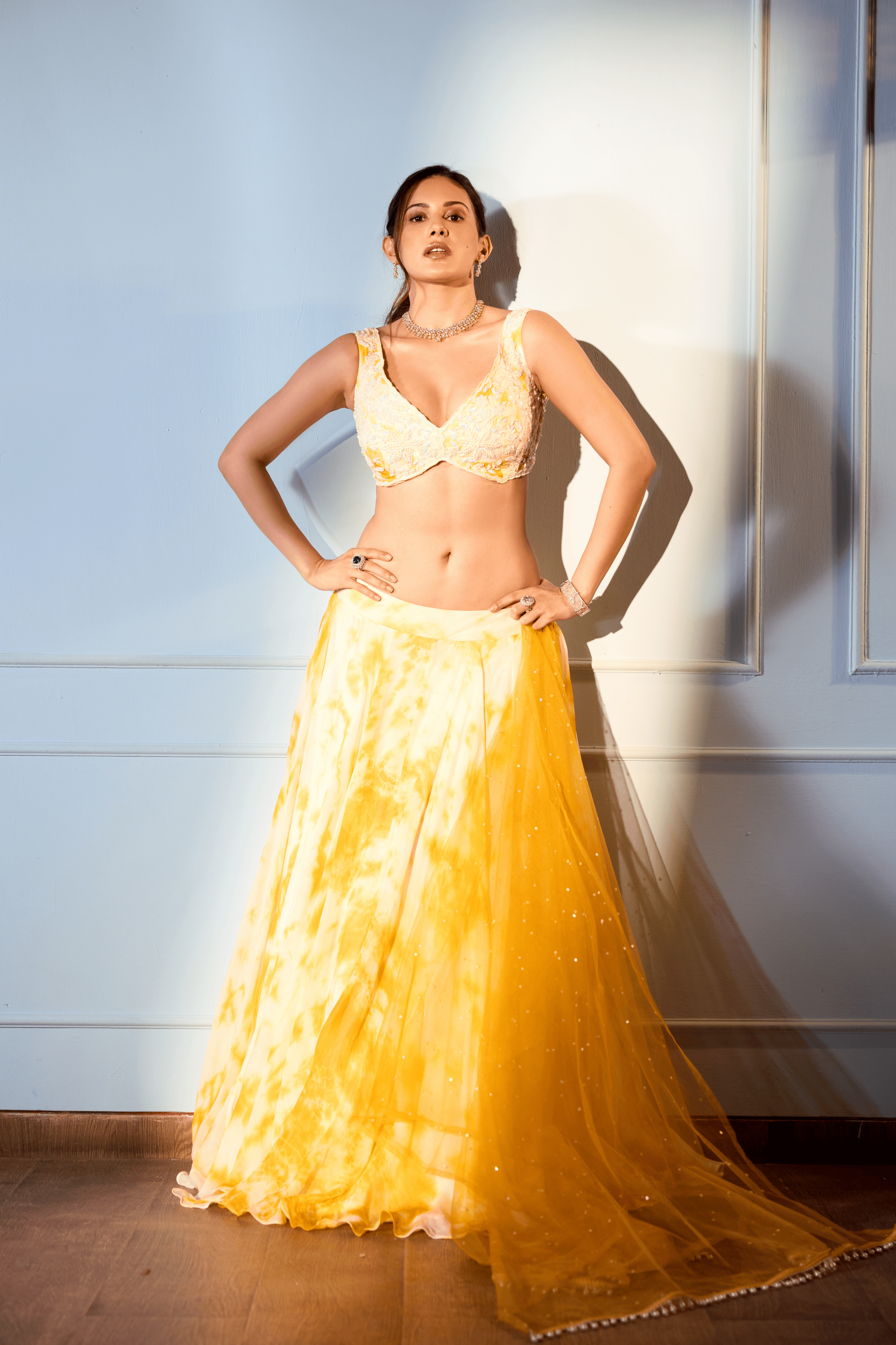 Orange And Ivory Lehenga With Marble Dye Effect