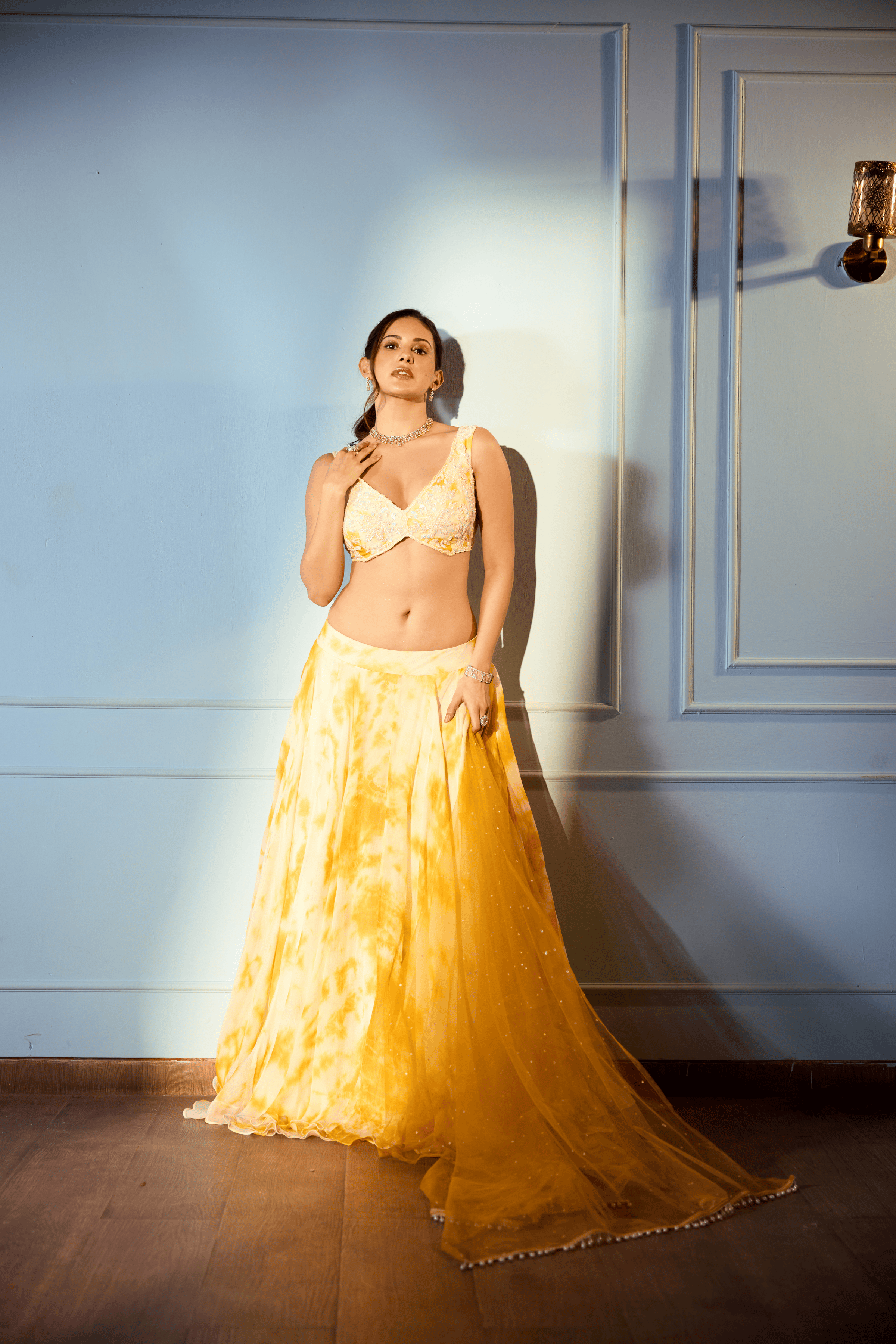 Orange And Ivory Lehenga With Marble Dye Effect6