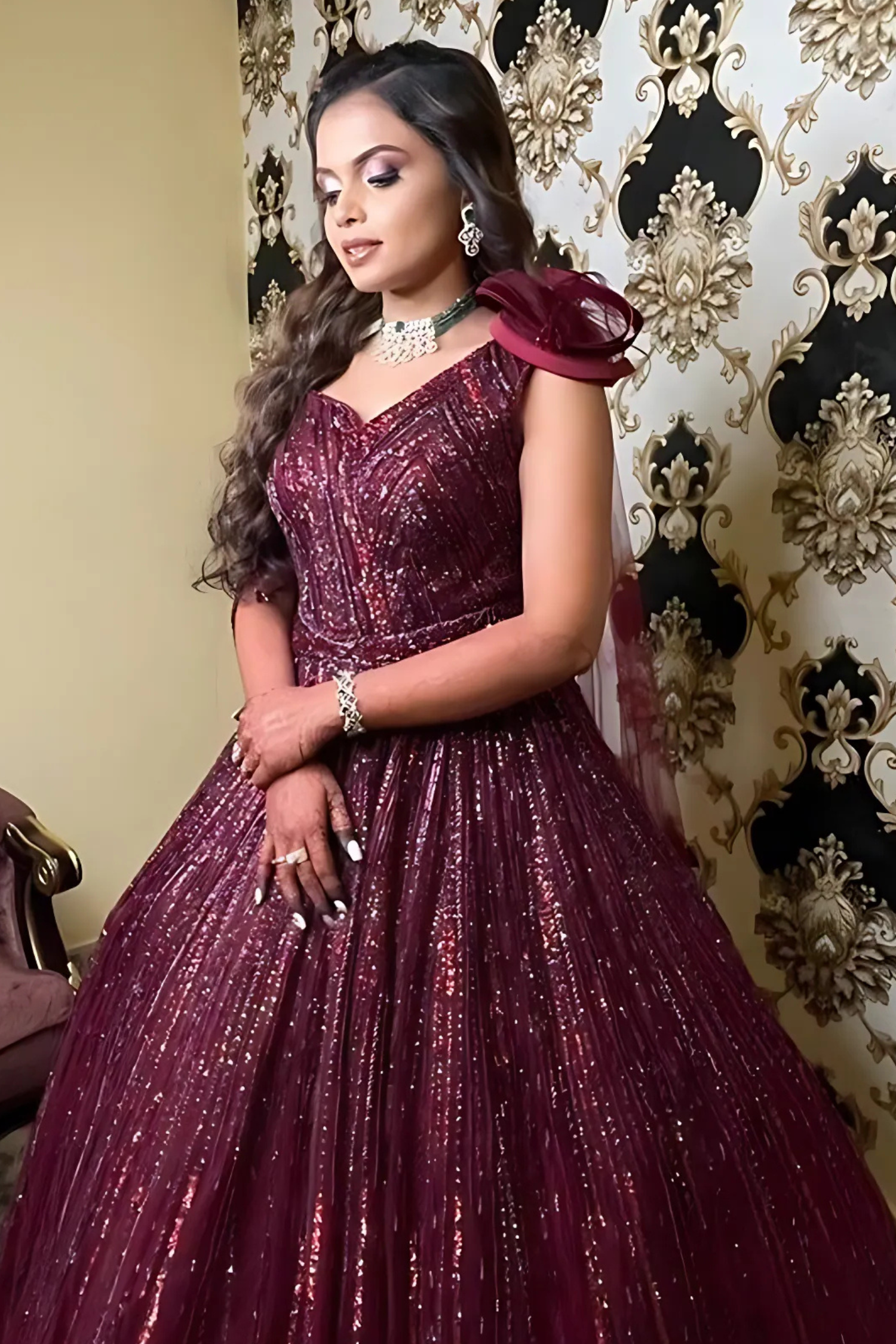 Maroon Sequinned Ball Gown