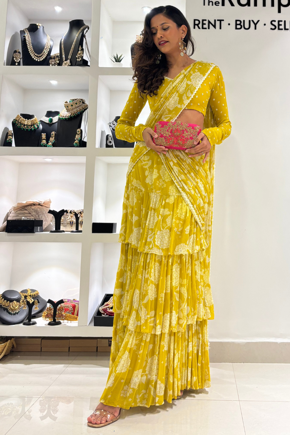 Lime Yellow Printed Pre- draped Saree