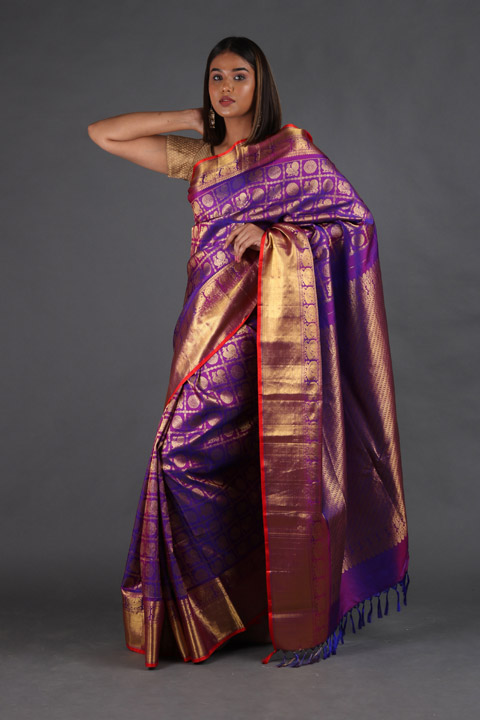 Purple Checkered Silk Saree