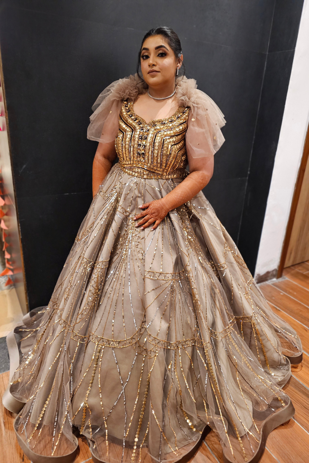 Taupe Tulle Gown with Gold and Silver Embellished Work