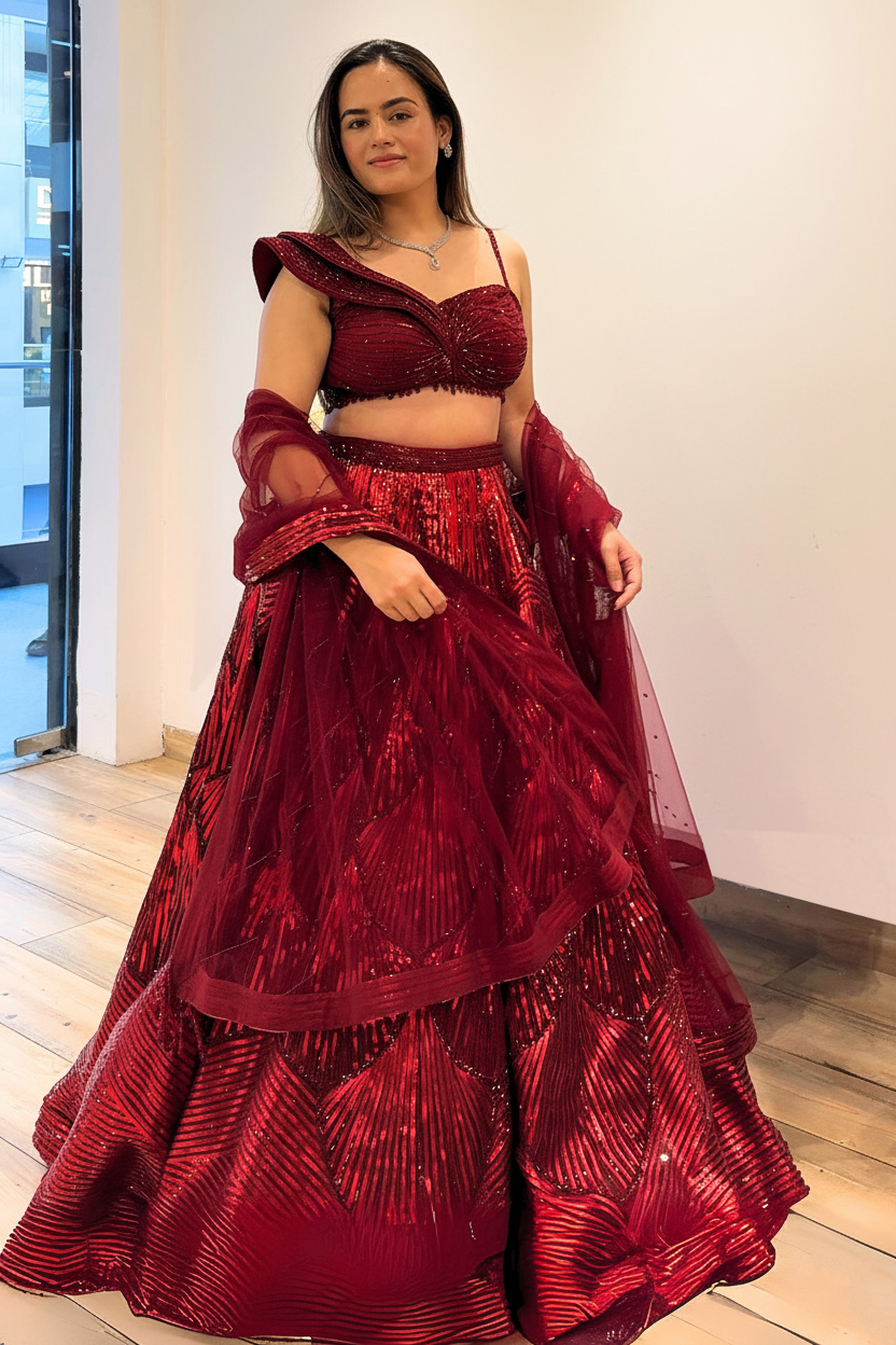 Deep Red Lehenga With Metallic Structured Work