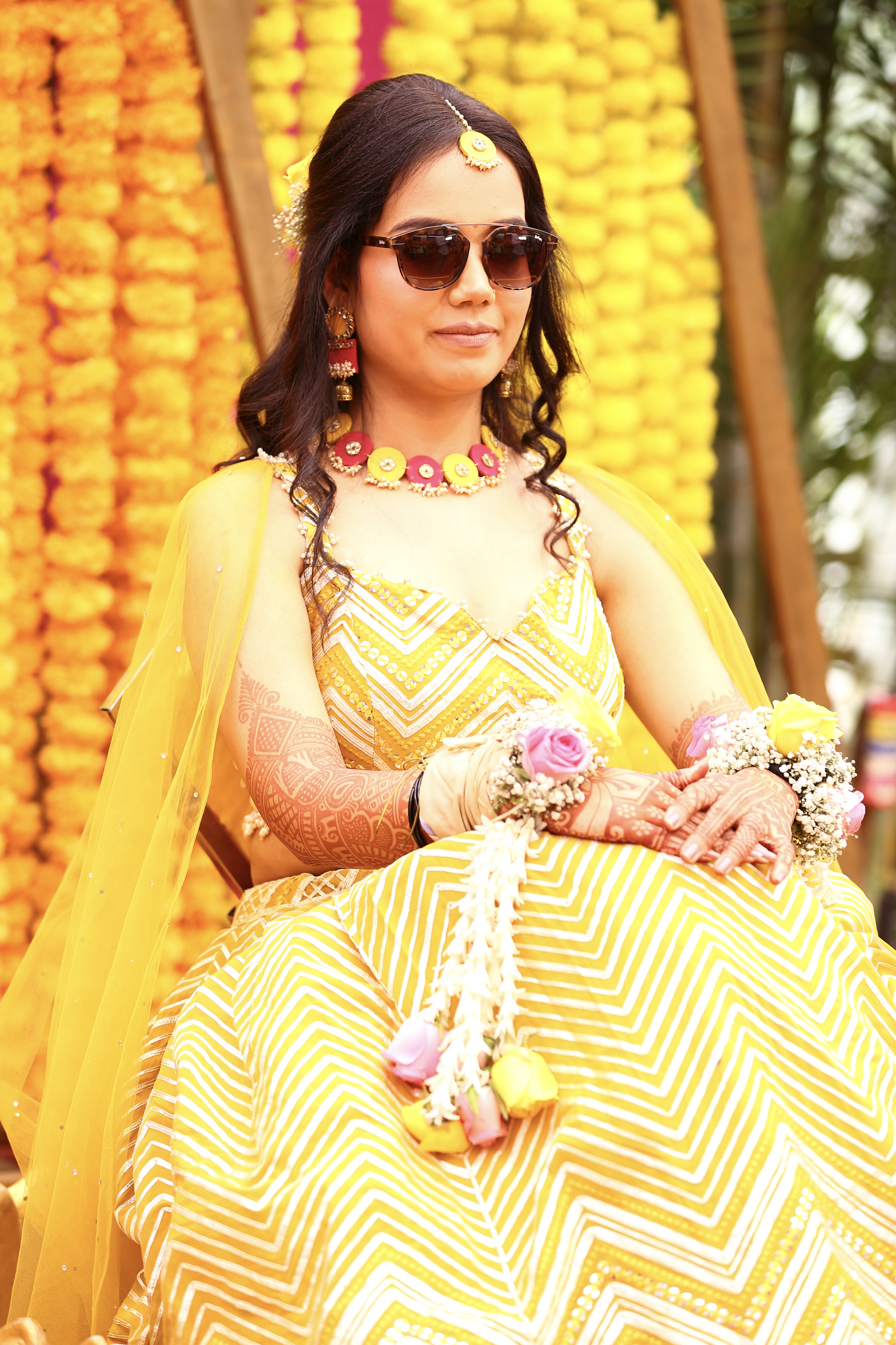 Yellow Lehenga With Zig Zag Pattern And Sheer Dupatta