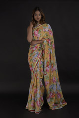 Ochre Crepe Saree Set_DTR0319